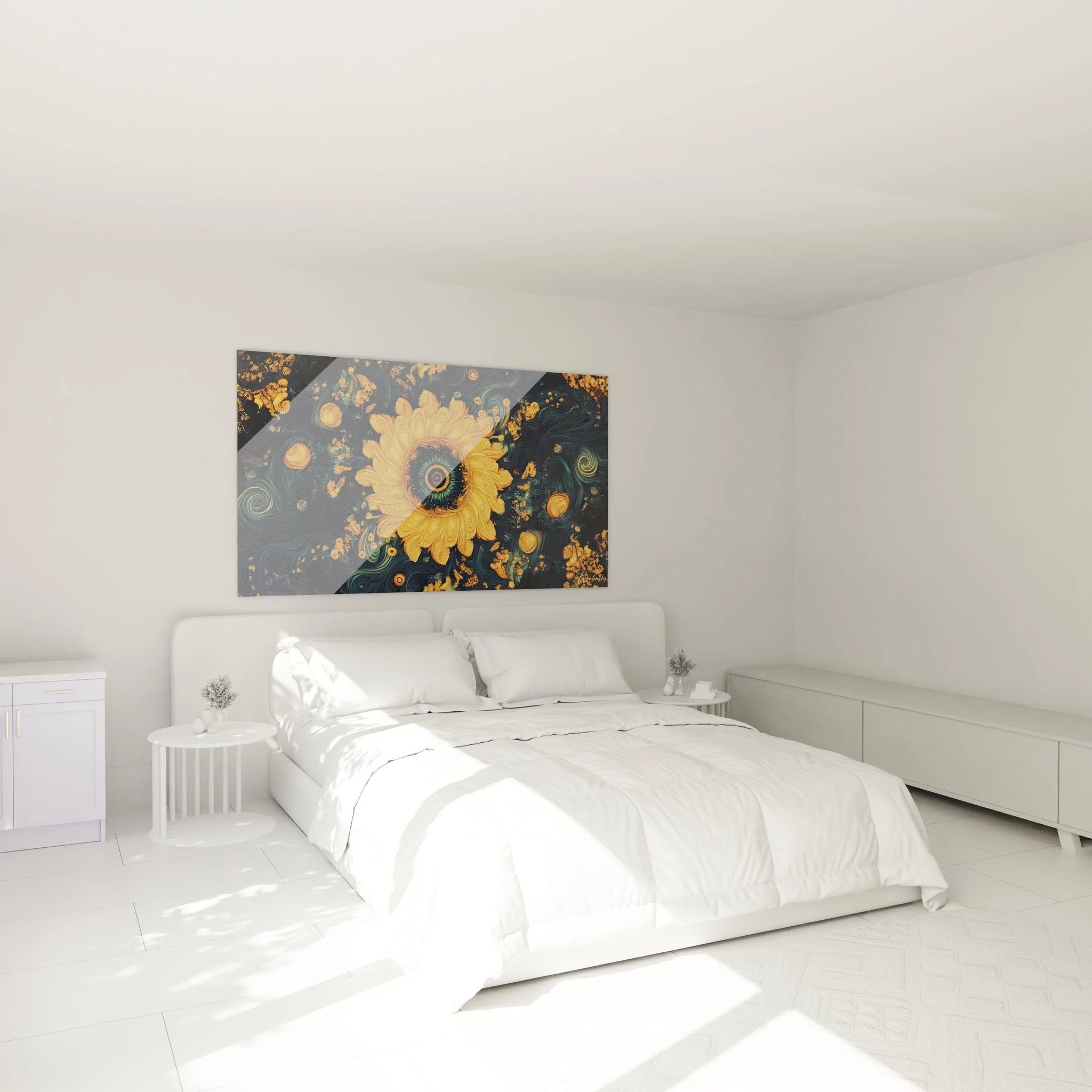 Wandbild Sonnenblume Fraktal als moderne Schlafzimmer Dekoration in Gold und Blau