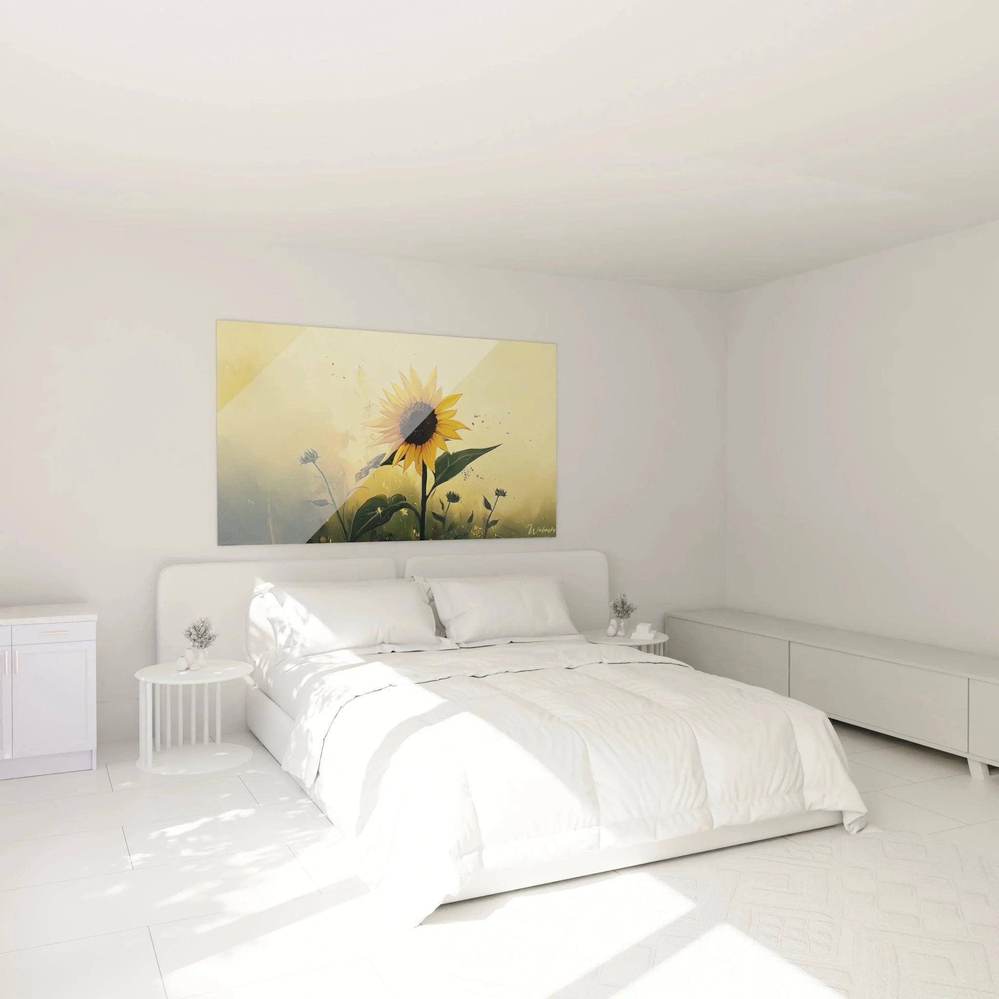 Wandbild Sonnenblume in Schlafzimmer Ambiente, goldenes Morgenlicht Motiv an der Wand