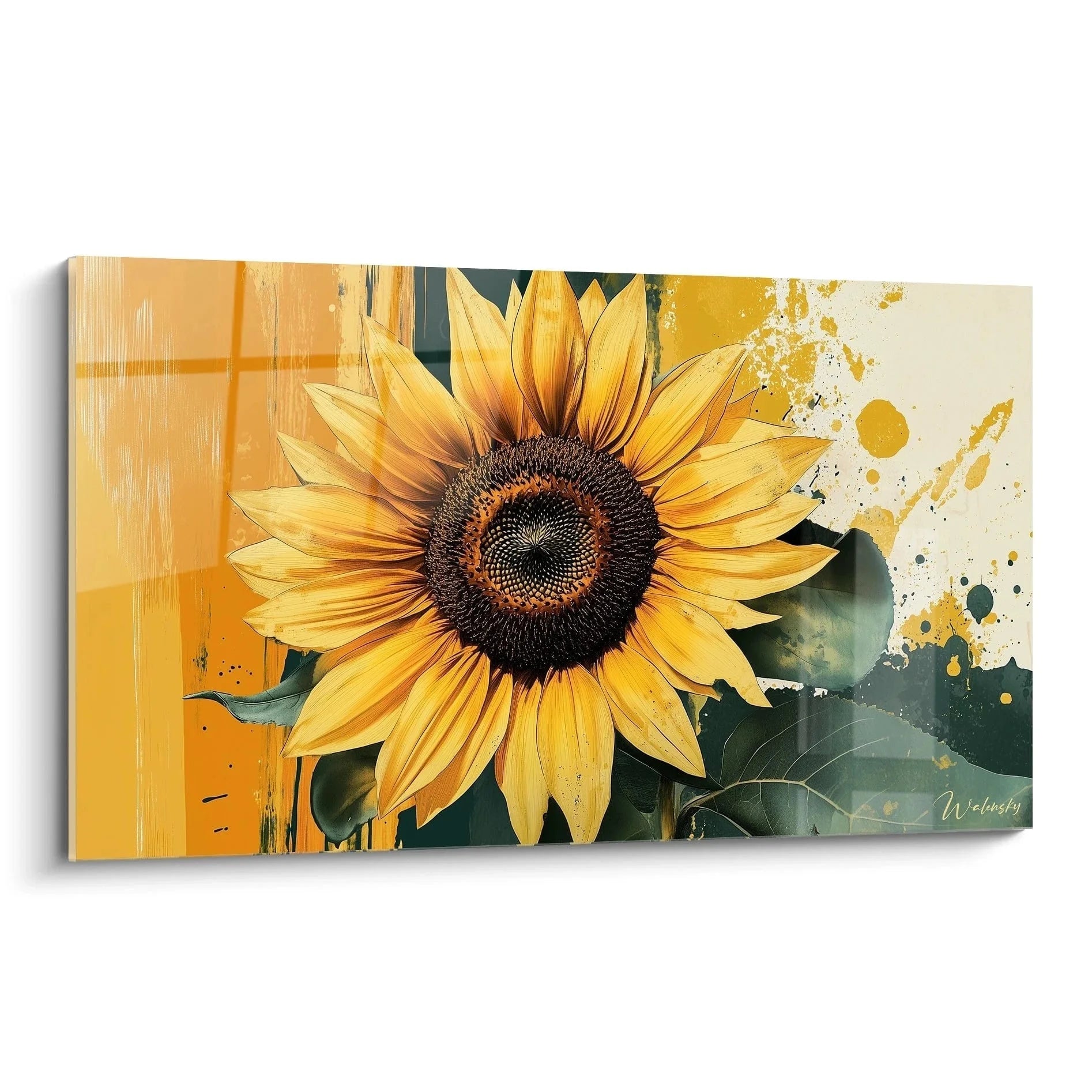 Wandbild Sonnenblume im Vintage-Stil mit goldenen Blütenblättern und modernen künstlerischen Elementen