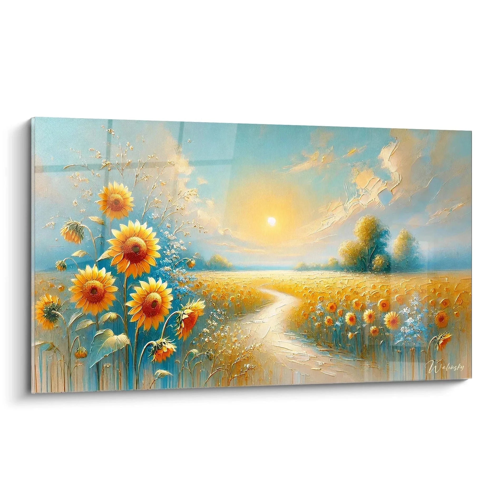 Wandbild Sonnenblumenfeld mit goldenem Pfad zum Sonnenuntergang, warme Farben, Landschaftskunst