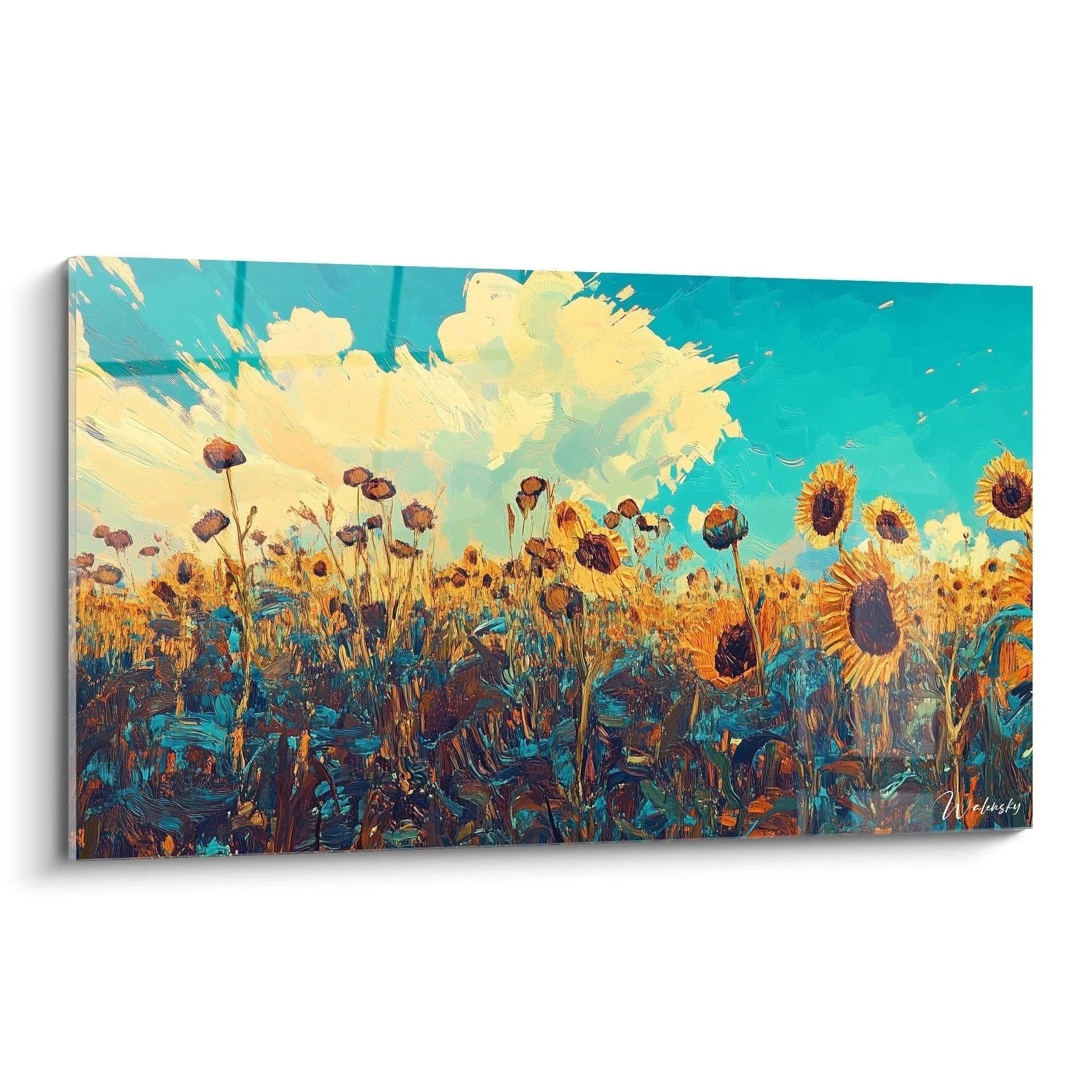 Wandbild Sonnenblumenfeld Van Gogh Stil mit goldenen Blumen und türkisem Himmel Kunstdruck
