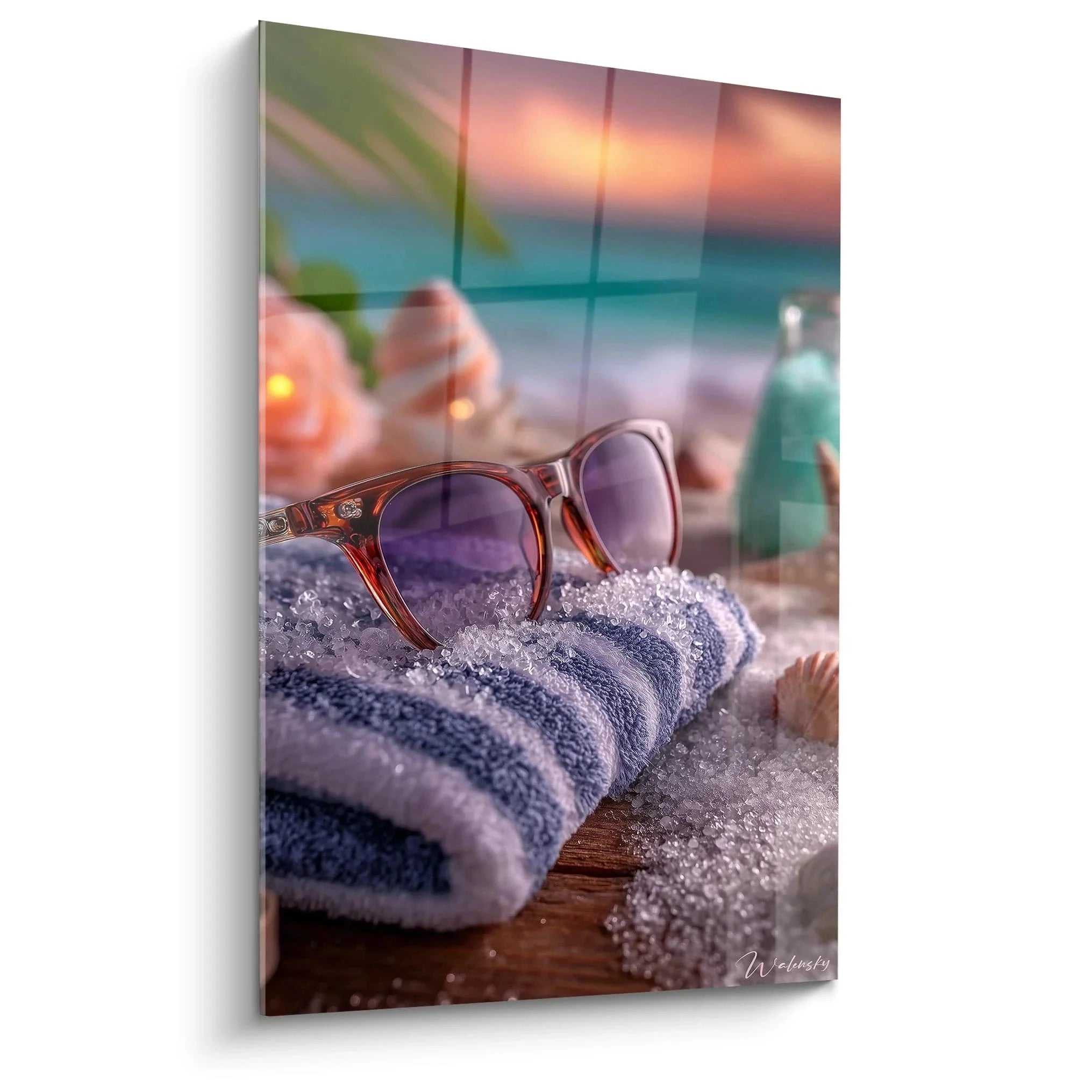 Wandbild Sonnenbrille am Strand mit Sonnenuntergang und Palmblättern - Sommer Dekoration XXL