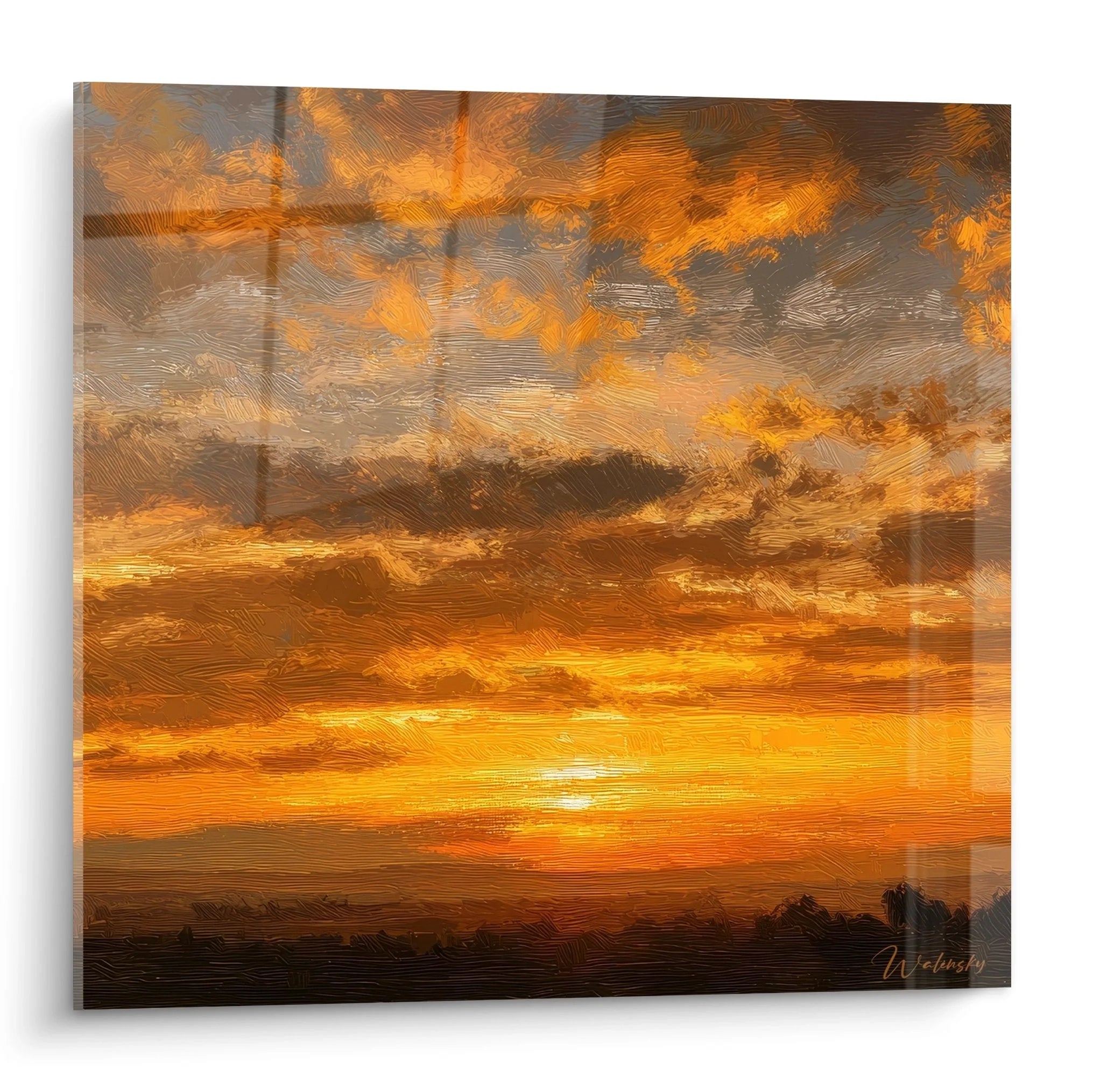 Wandbild Sonnenuntergang mit dramatischen orangefarbenen Wolken am Abendhimmel über weiter Landschaft