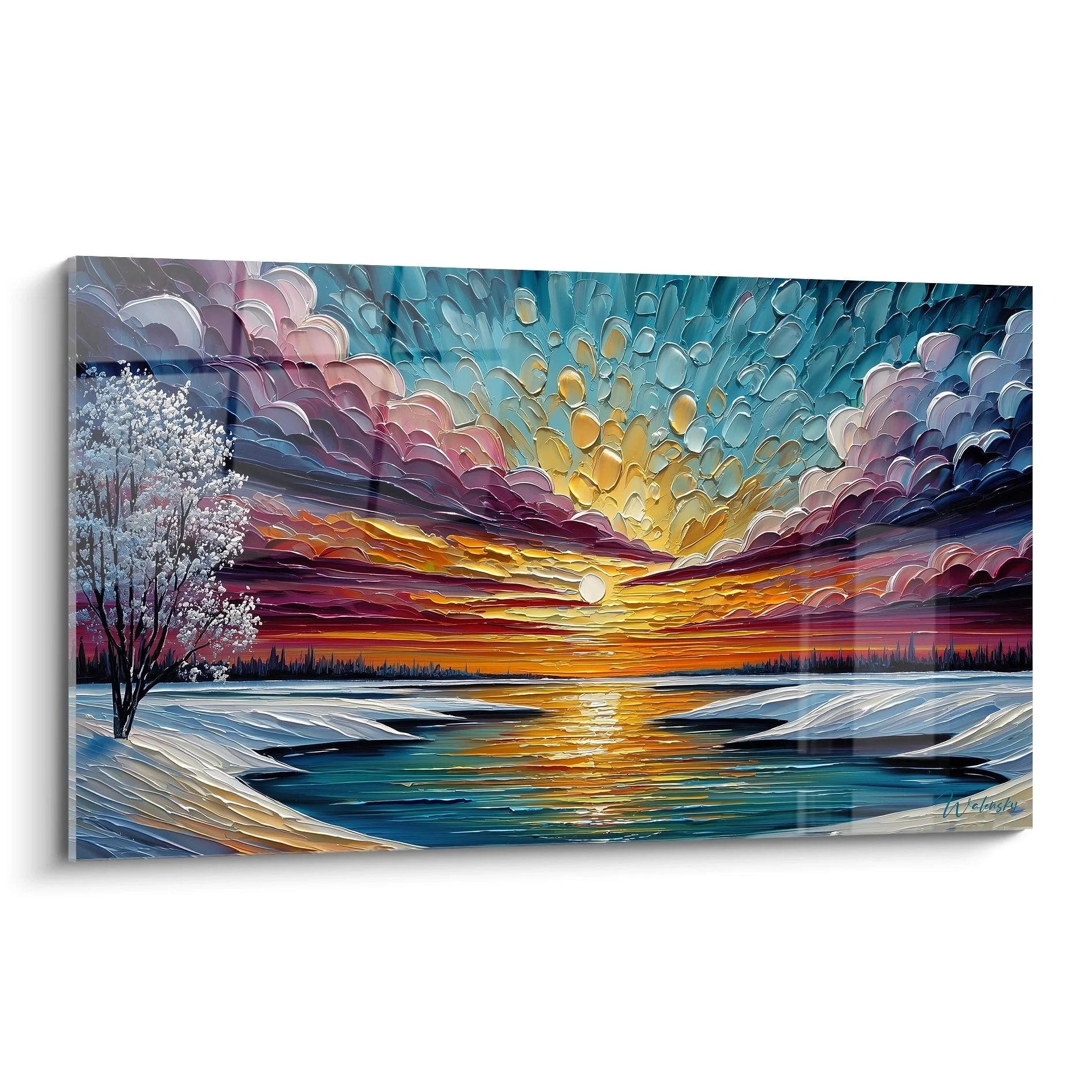 Wandbild Sonnenuntergang mit dramatischen Wolken über See und blühendem Baum - XXL Leinwanddruck Edition Wüste