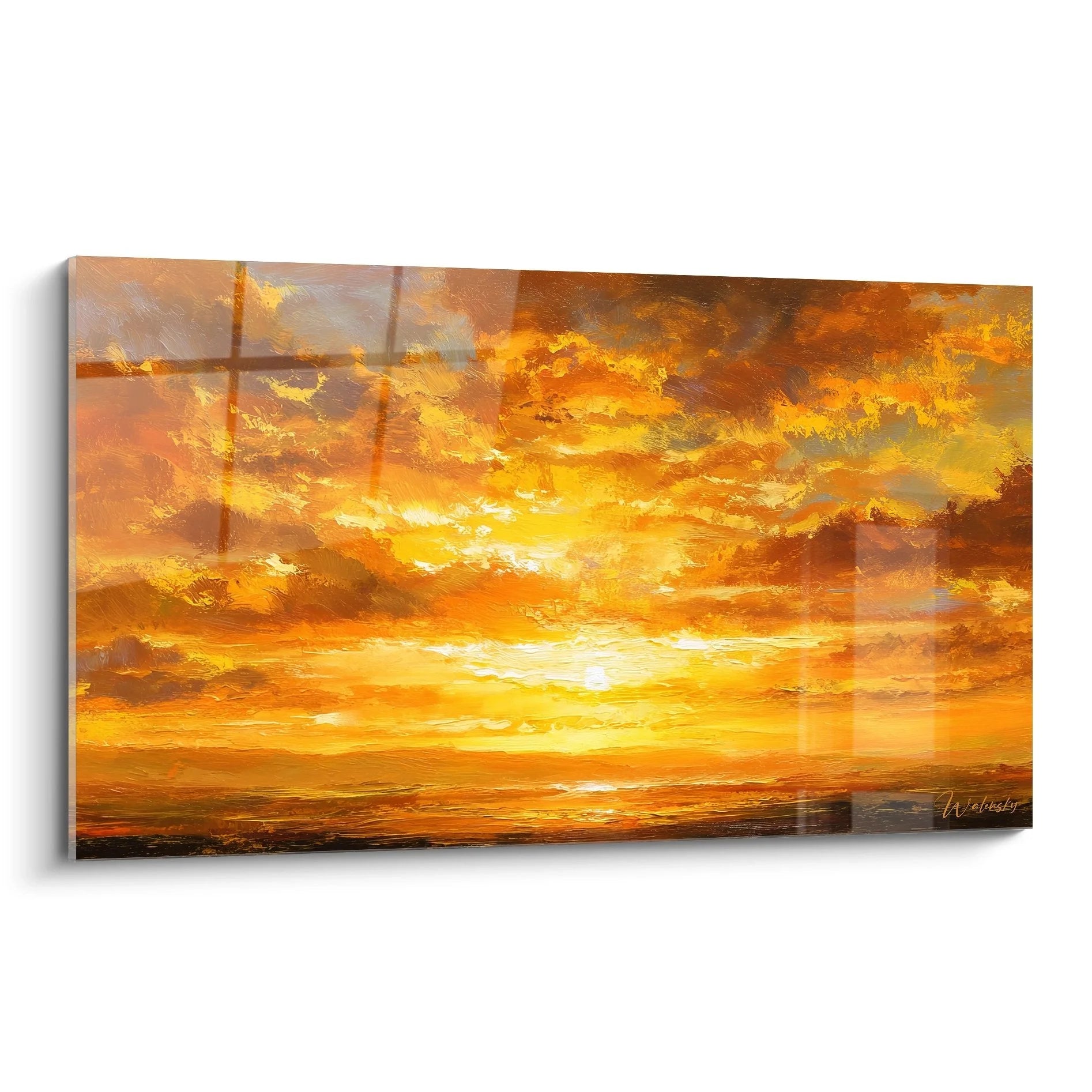 Wandbild Sonnenuntergang mit goldenem Himmel über dem Meer - dramatische Wolken in warmen Farbtönen
