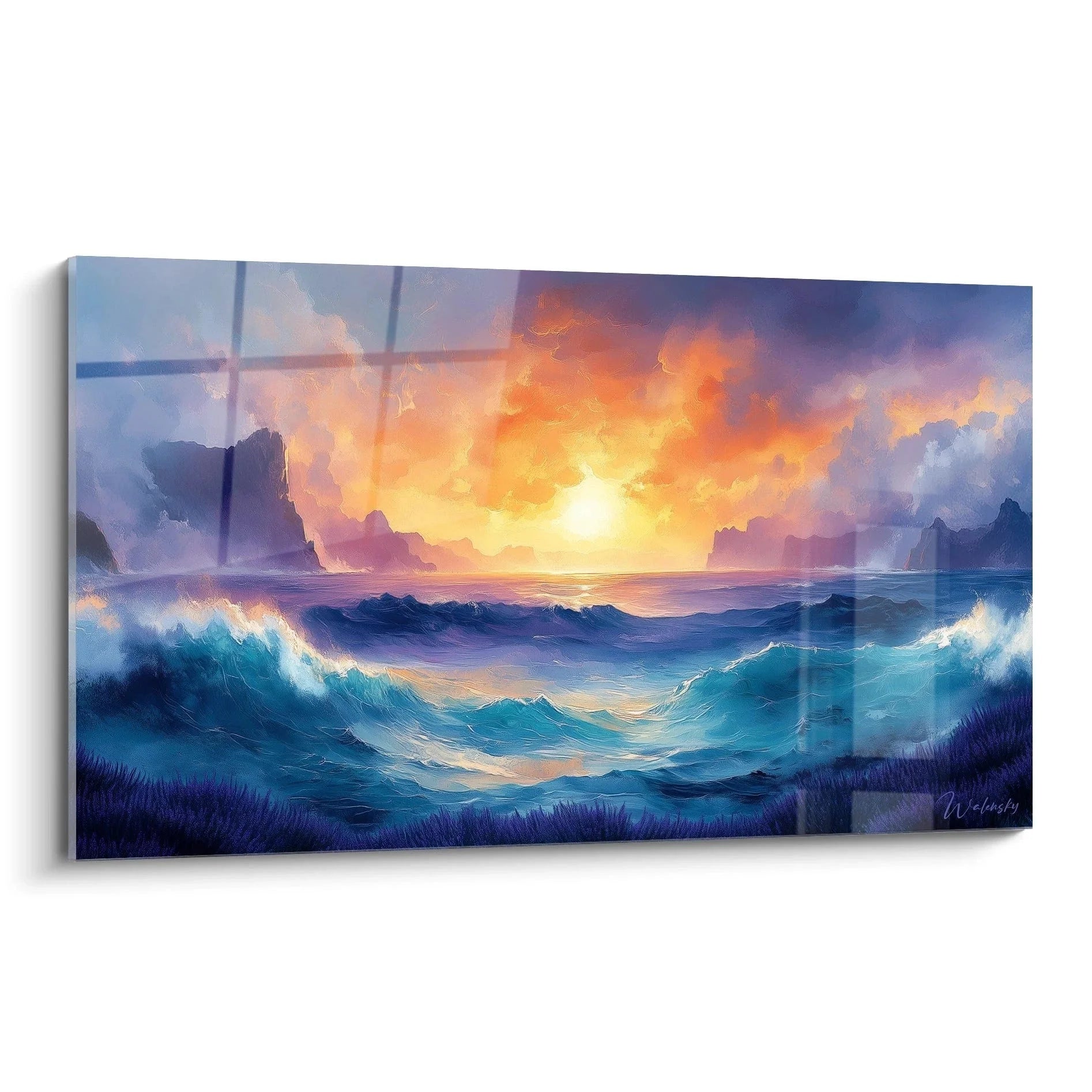 Wandbild Sonnenuntergang Meer mit dramatischen Wellen und goldenem Himmel - Premium Leinwand XXL