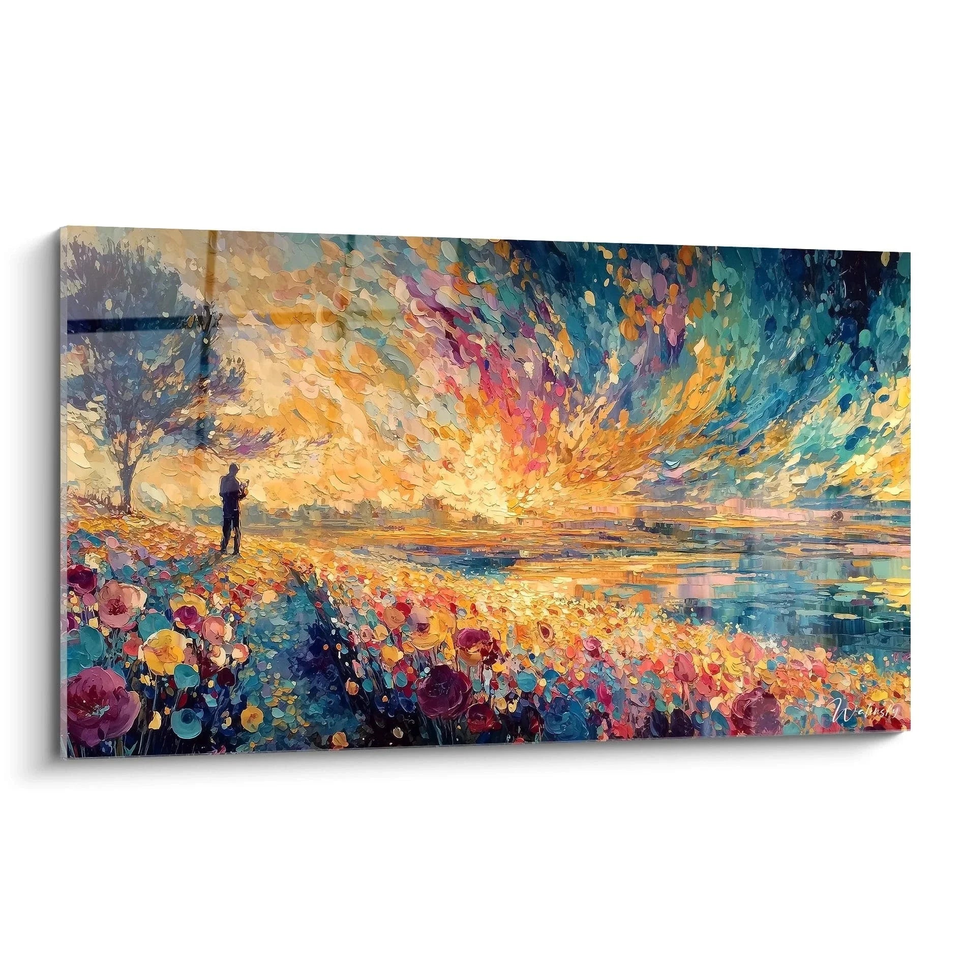 Wandbild Sonnenuntergang Meer Pointillismus mit Blumenwiese und Silhouette in warmen Farbtönen
