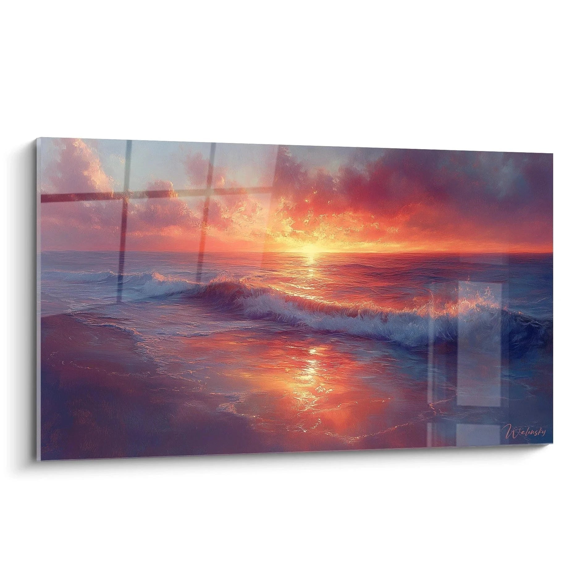 Wandbild Sonnenuntergang am Meer mit romantischer Brandung und goldenen Wolken bei Abenddämmerung