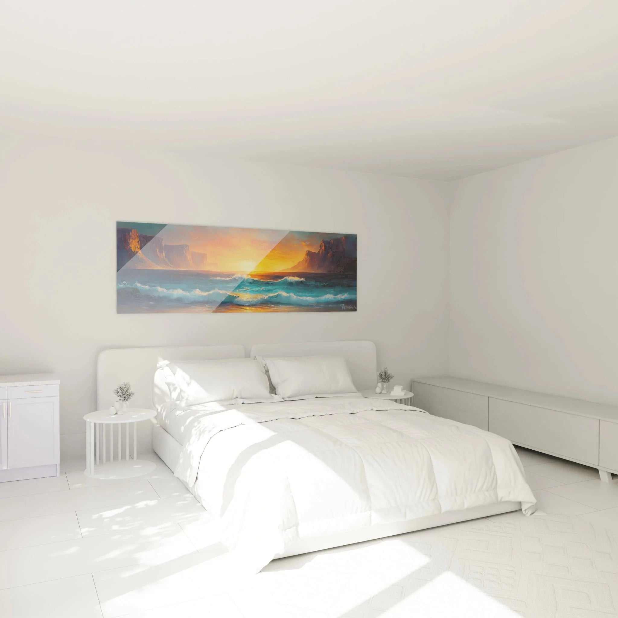 Wandbild Sonnenuntergang Meer im Schlafzimmer als beruhigende maritime Wanddekoration