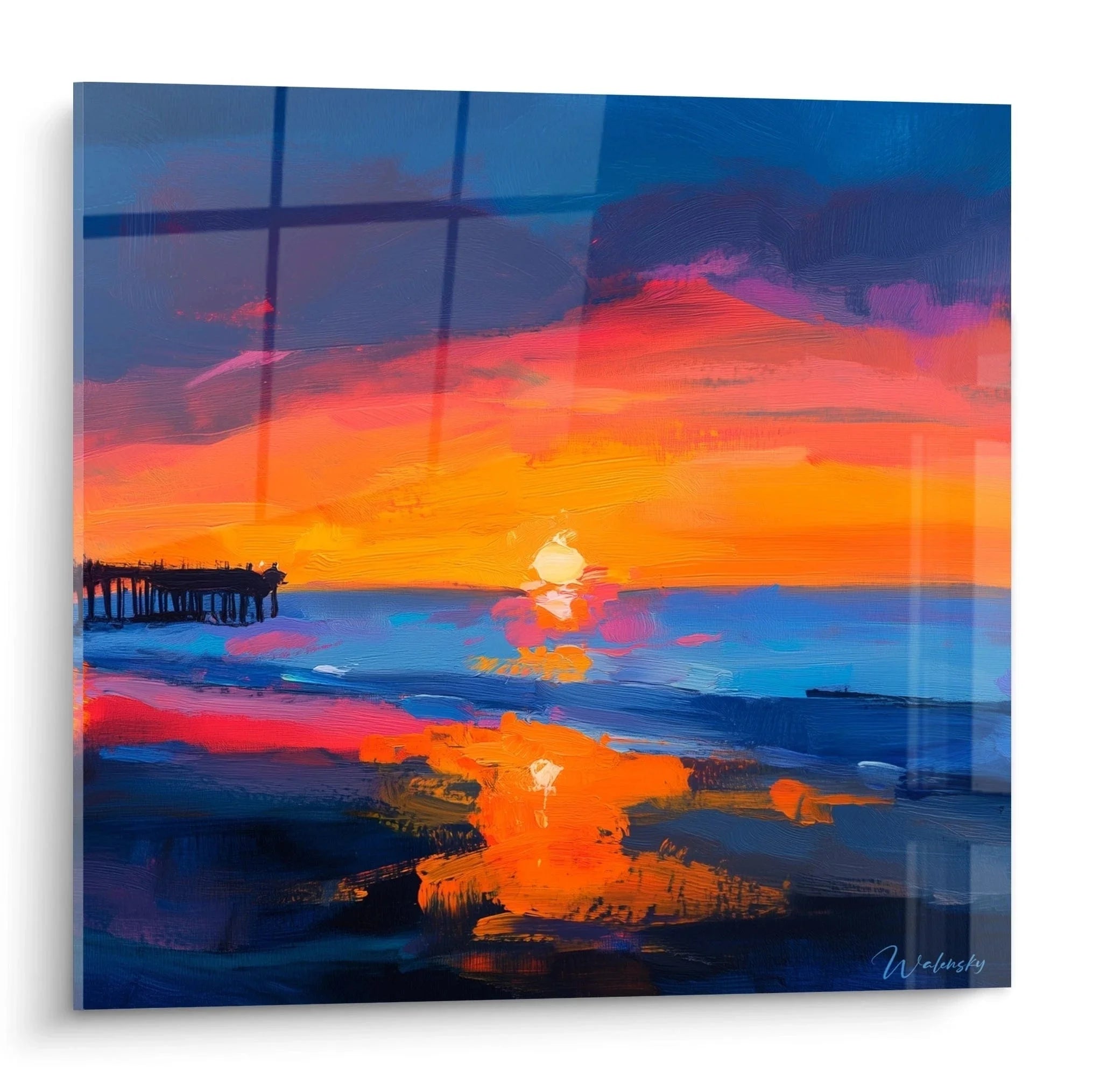 Wandbild Sonnenuntergang Meer mit Holzsteg - Abstrakte Landschaftsmalerei in Orange und Blau Tönen