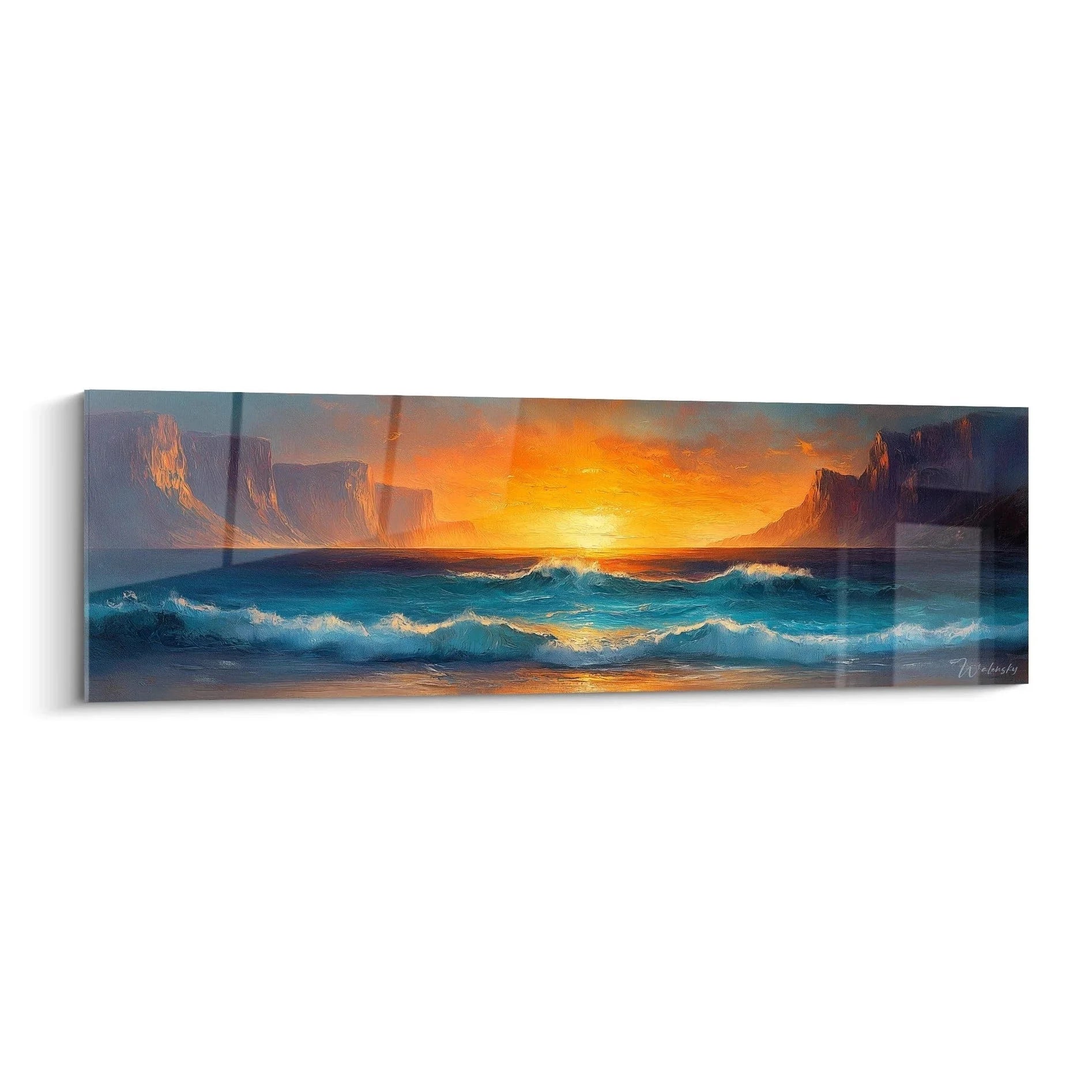 Wandbild Sonnenuntergang Meereslandschaft mit dramatischen Klippen und türkisfarbenen Wellen am Strand