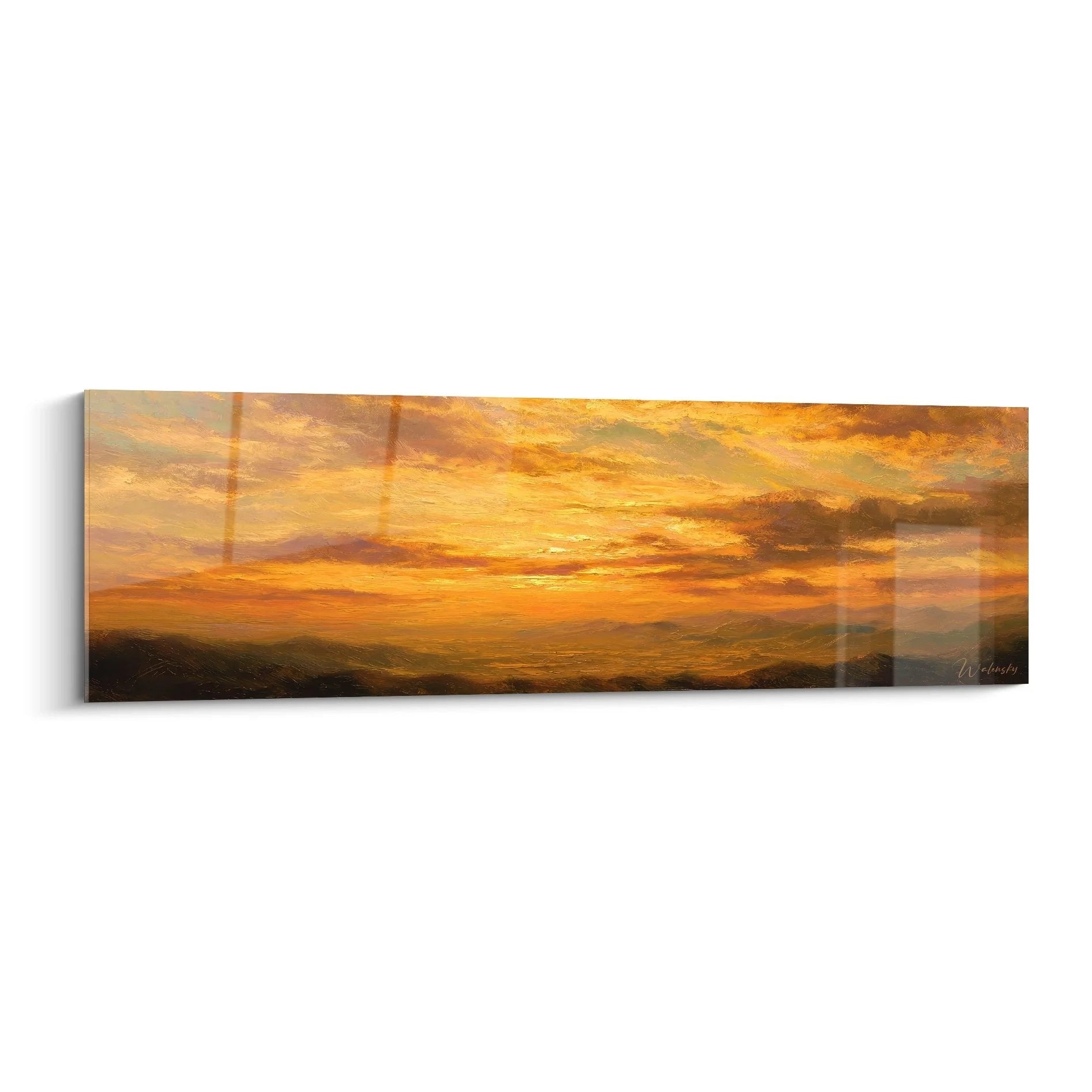 Wandbild Sonnenuntergang Panorama mit goldenem Himmel und dramatischen Wolken über weiter Landschaft