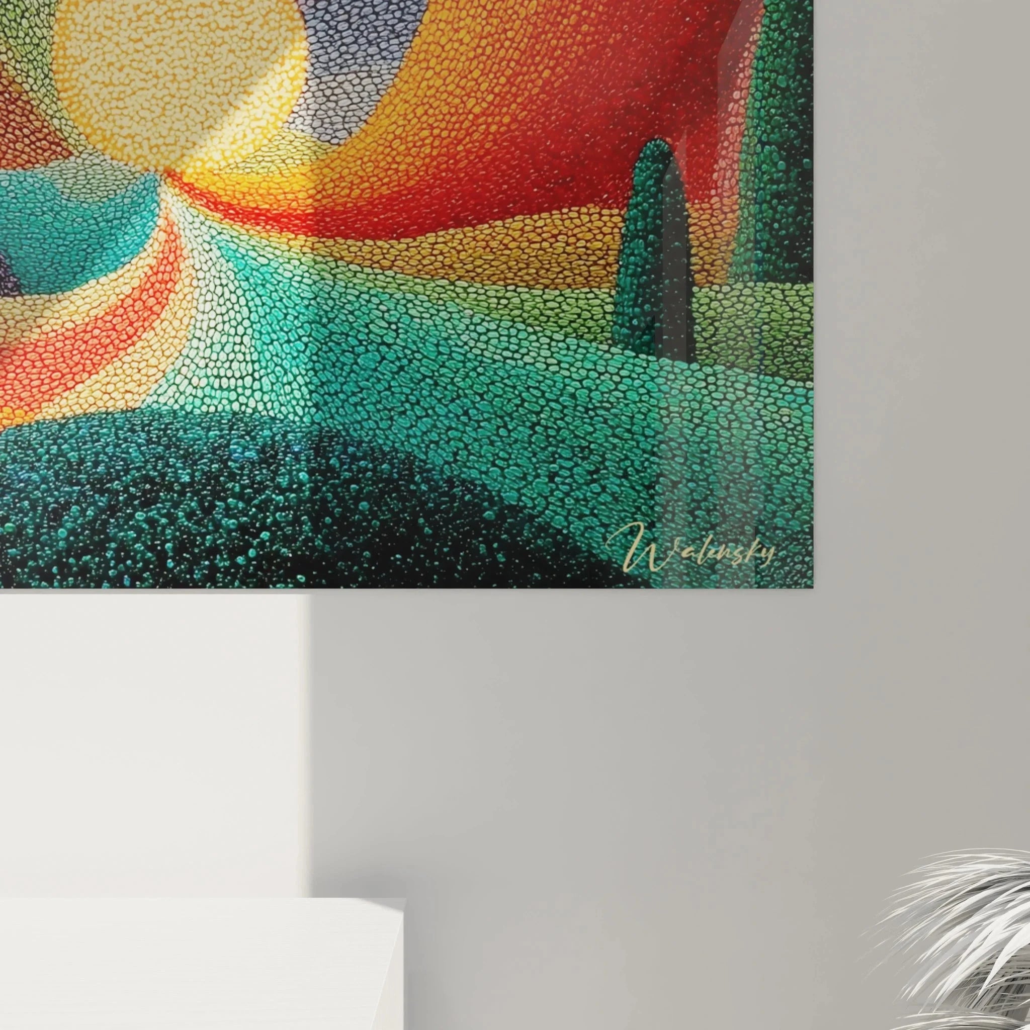 Wandbild Sonnenuntergang Pointillismus Gesamtansicht mystische Landschaft leuchtende Farbkomposition