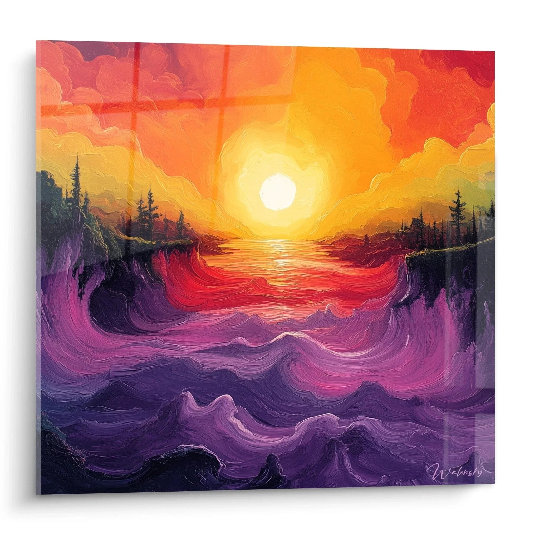 Wandbild Sonnenuntergang mit purpurnen Wellen und dramatischen Wolken über Felsklippen