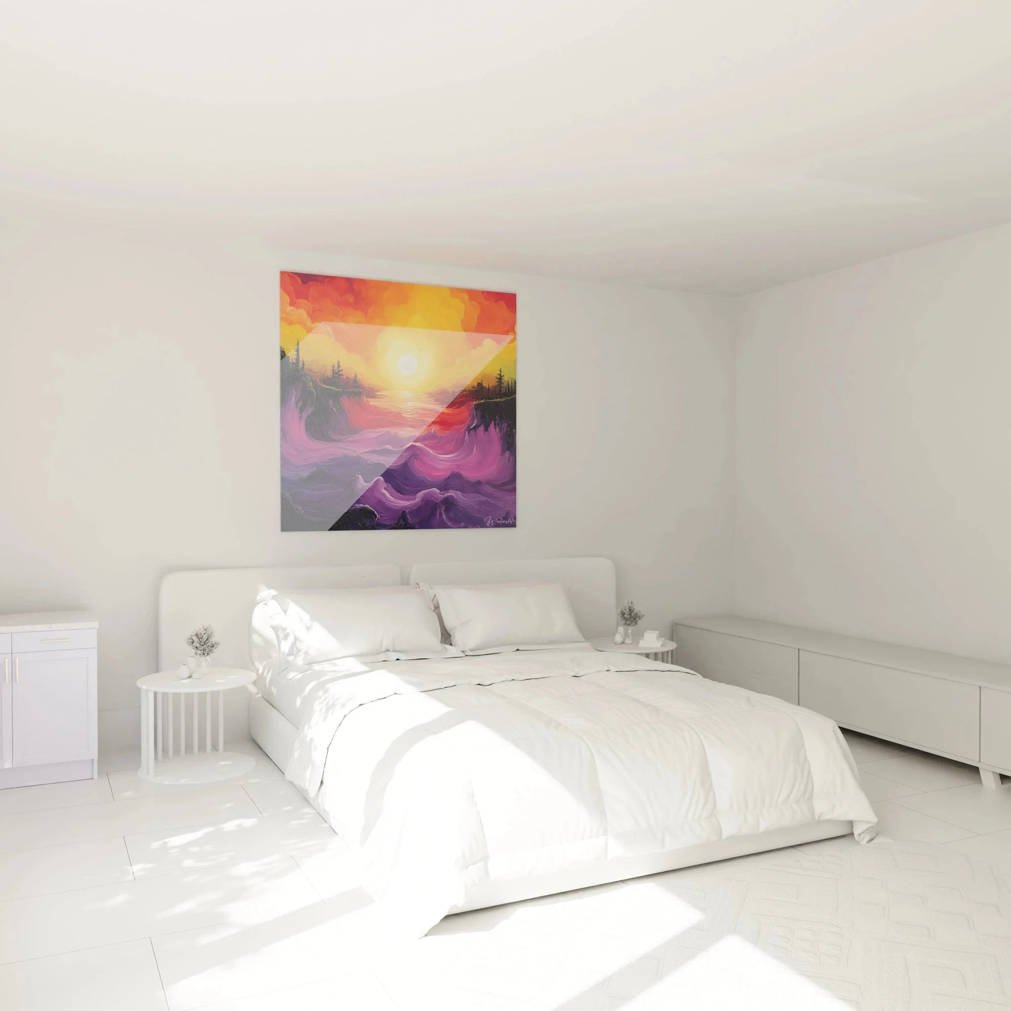 Wandbild Sonnenuntergang im Schlafzimmer - mystische Abendstimmung mit purpurnen Wellen
