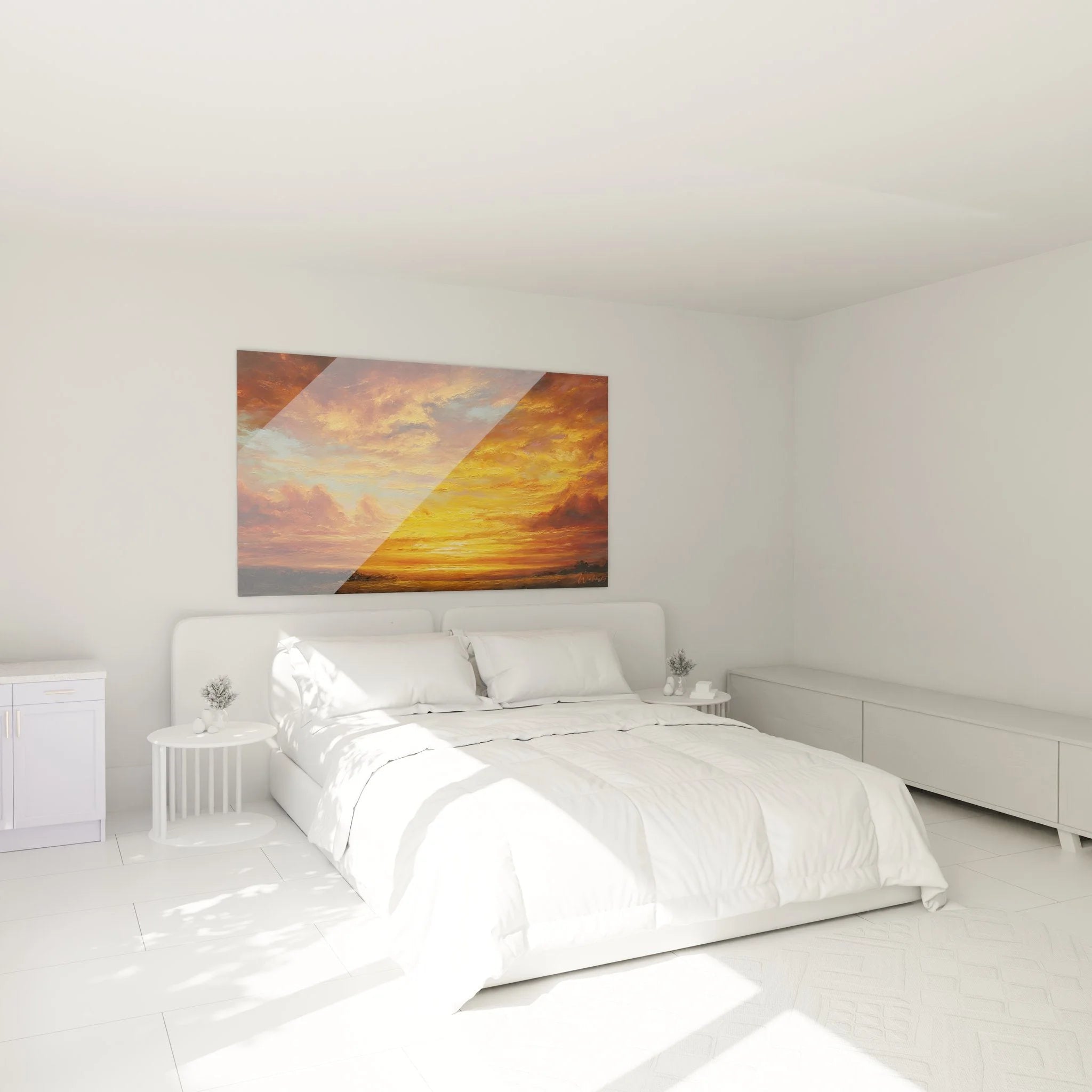 Wandbild XXL Sonnenuntergang in modernem Schlafzimmer - warme goldene Himmelsstimmung an der Wand