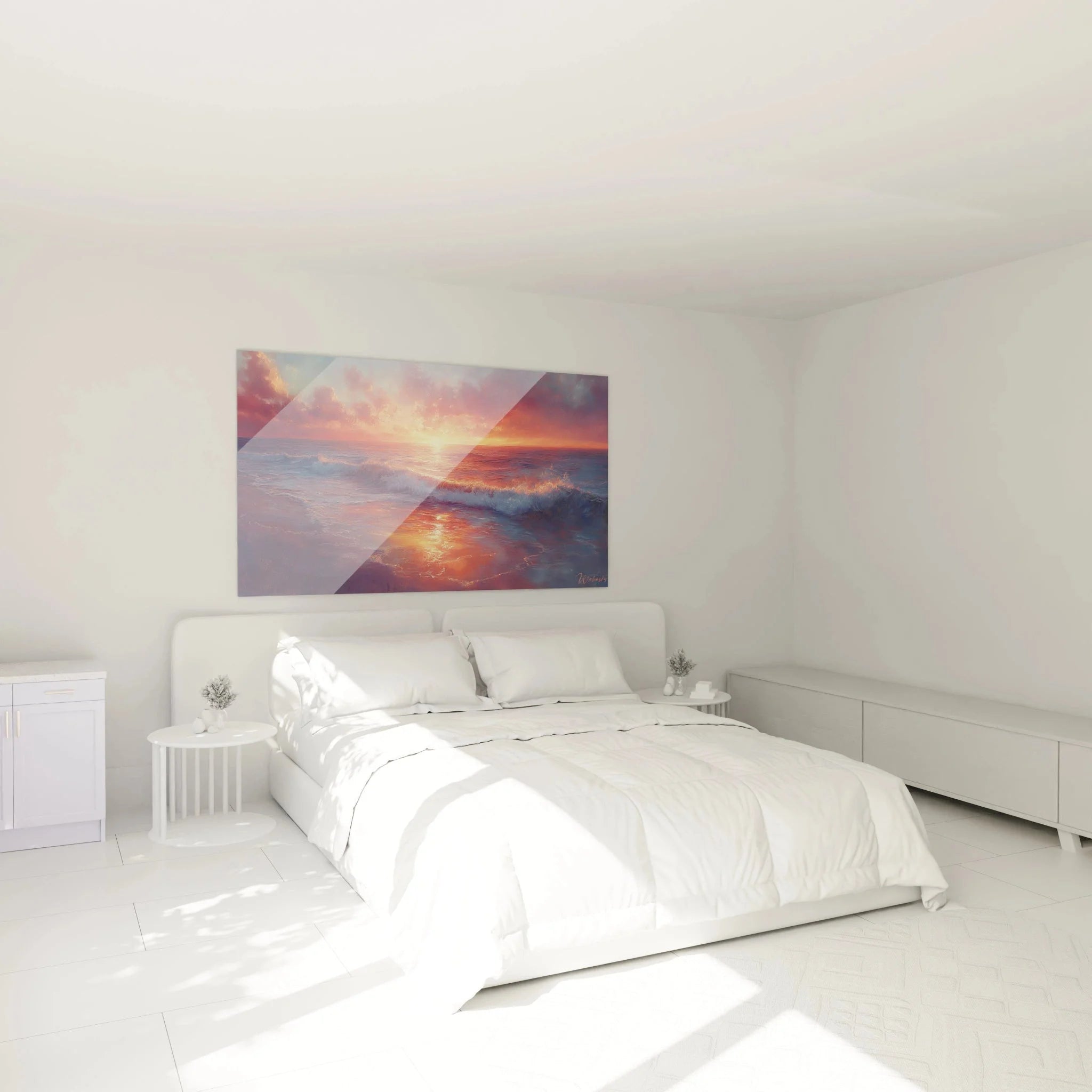 Wandbild Sonnenuntergang Meer in modernem Schlafzimmer mit romantischer Brandung als Wanddekoration