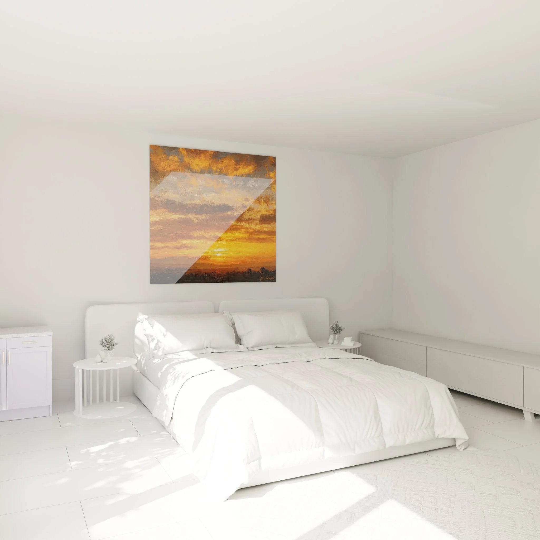 Wandbild Sonnenuntergang als stilvolle Wanddekoration im modernen Schlafzimmer mit warmem Ambiente