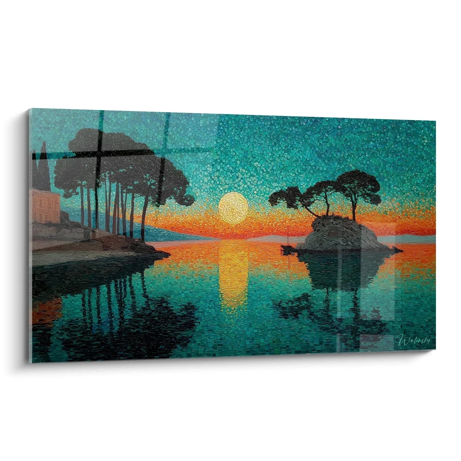 Wandbild Sonnenuntergang am See im Pointillismus Stil mit türkisem Himmel und goldener Sonne, Spiegelung auf Wasser