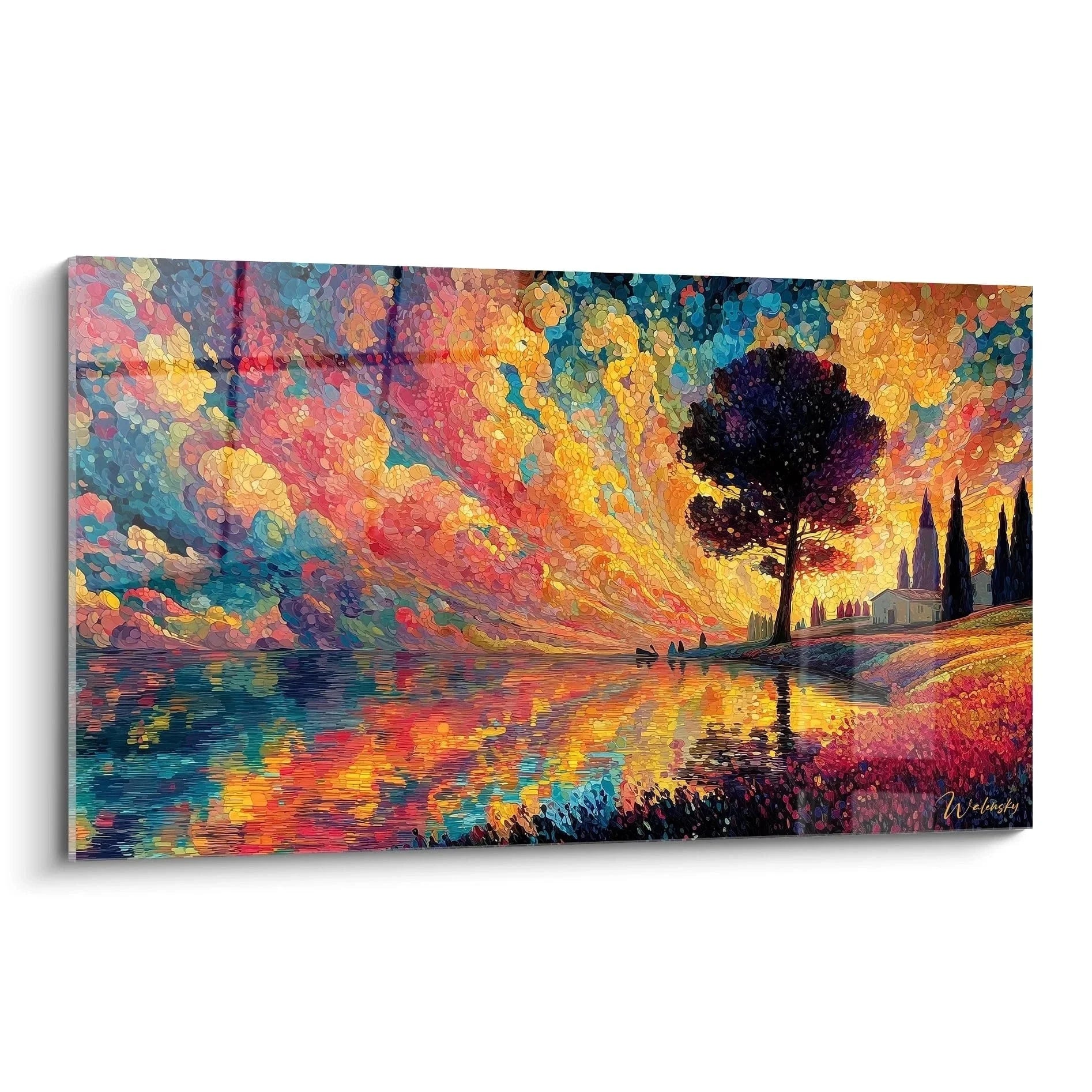 Wandbild Sonnenuntergang Seenlandschaft Pointillismus Stil mit leuchtenden Farben und dramatischem Himmel
