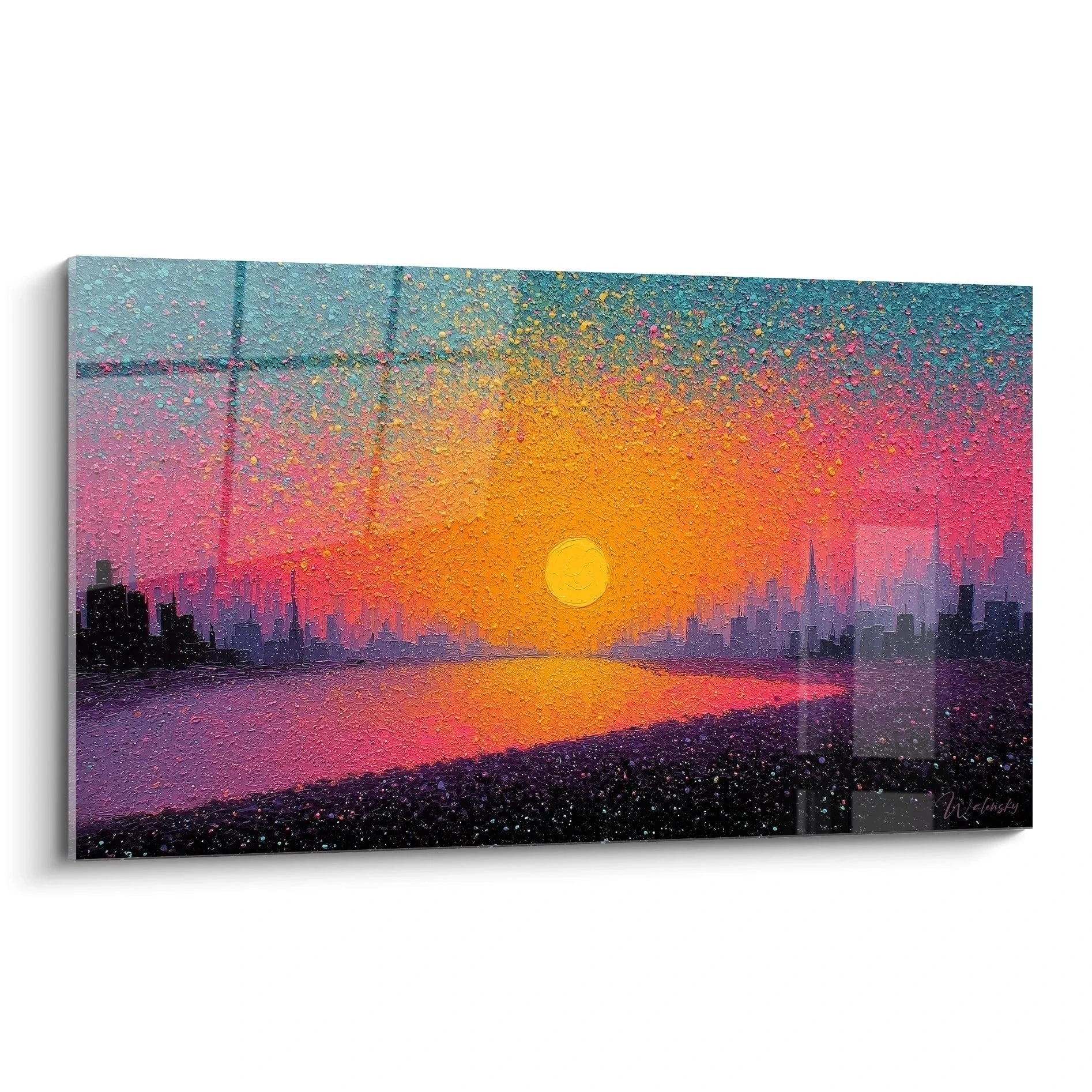 Wandbild Sonnenuntergang Stadtsilhouette Pointillismus Stil mit warmen Farben moderne Wanddekoration XXL