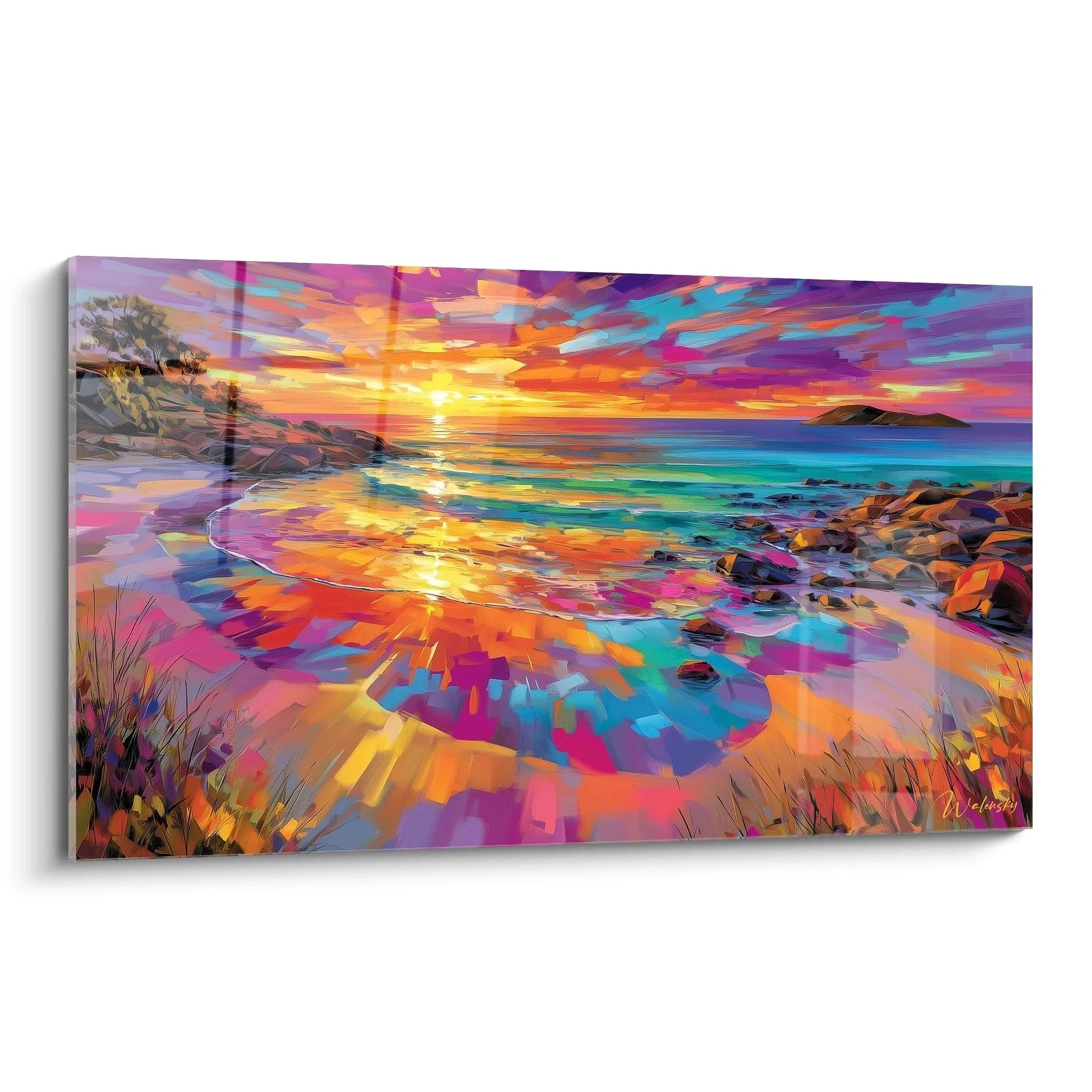 Wandbild Sonnenuntergang Strand mit bunten abstrakten Farben und Meereslandschaft