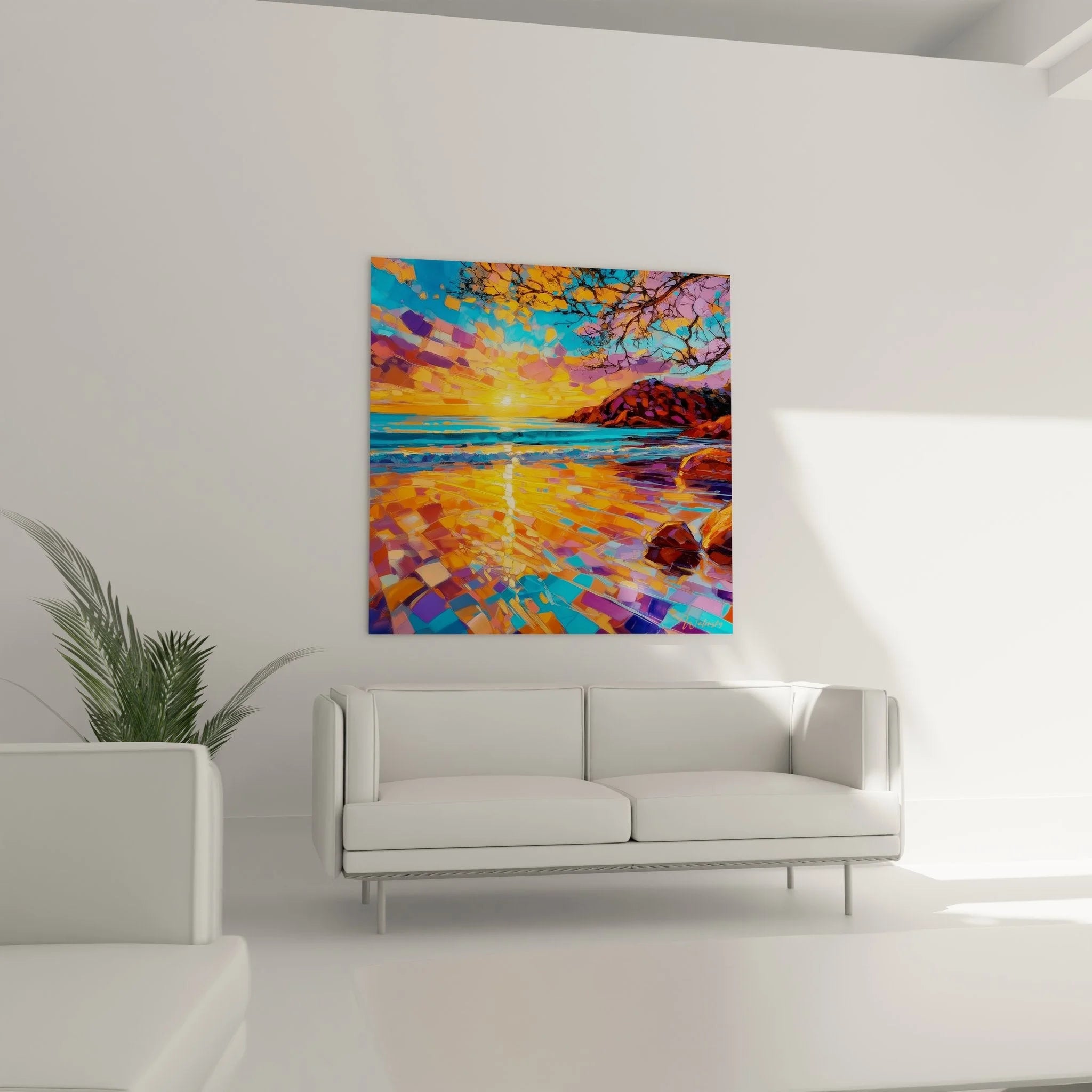 Detailansicht Wandbild Sonnenuntergang Strand mit Mosaikstruktur und Farbreflektion