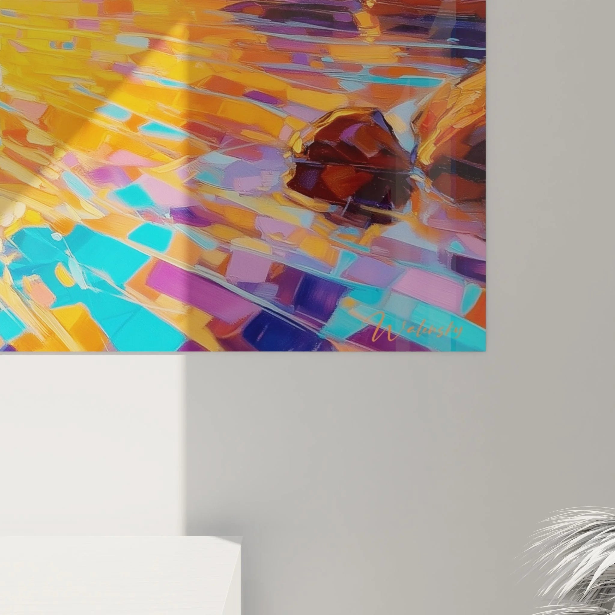 Gesamtansicht Wandbild Sonnenuntergang Strand mit Rahmen und Raumwirkung