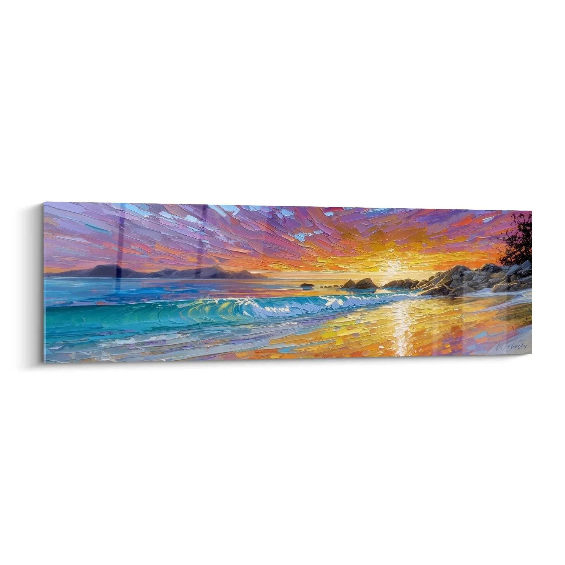 Wandbild Sonnenuntergang Strand XXL mit türkisblauen Wellen und dramatischem Himmel in Violett Orange