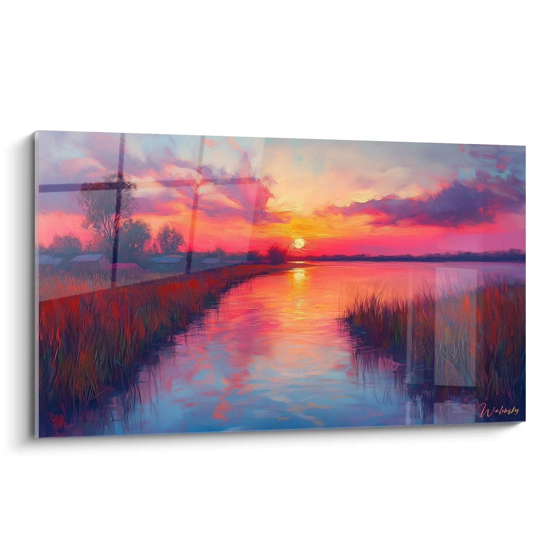 Wandbild Sonnenuntergang über Sumpflandschaft mit rosa-violettem Himmel und Wasserreflexionen