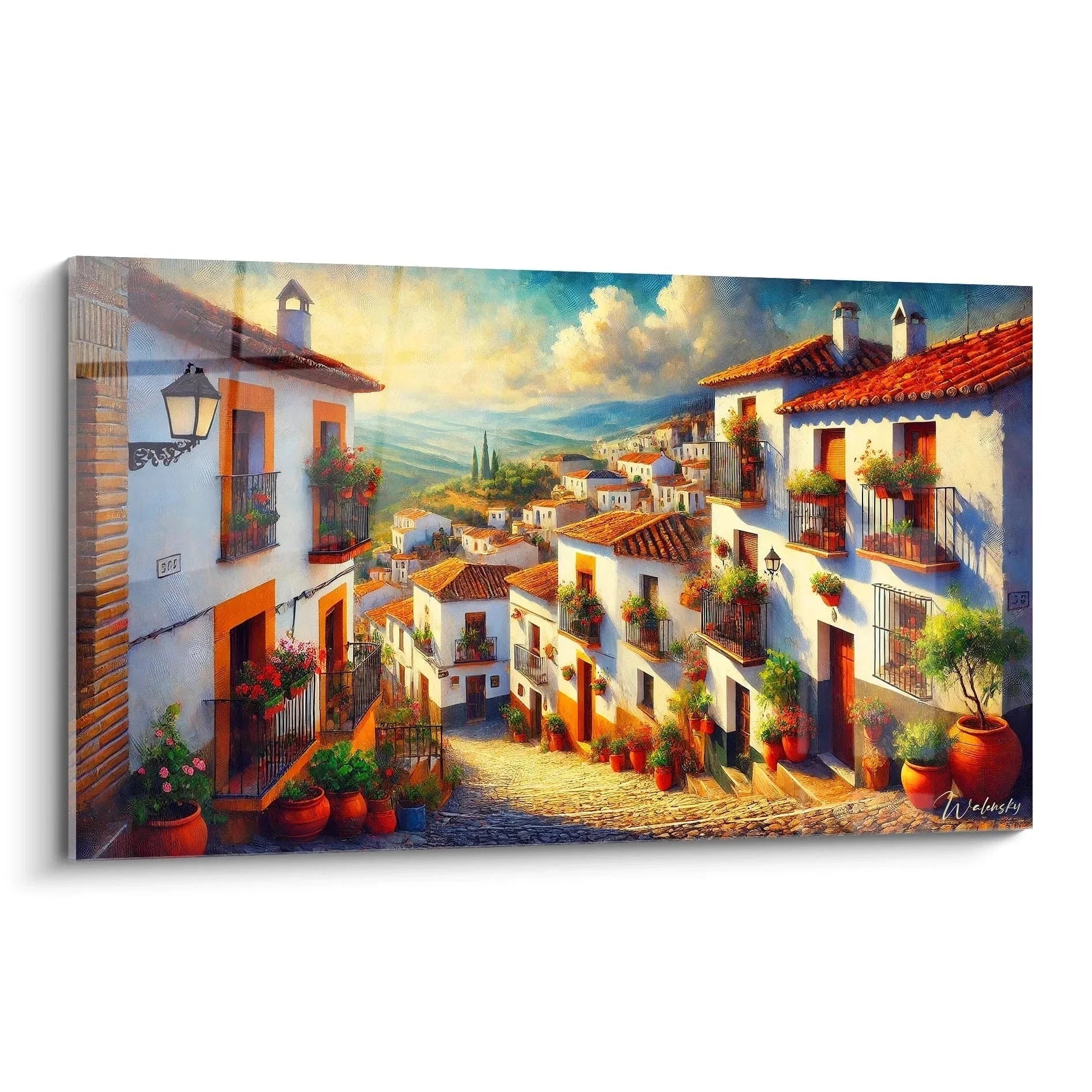 Wandbild spanische Dorfstraße mit weißen Häusern und roten Ziegeldächern in andalusischem Dorf