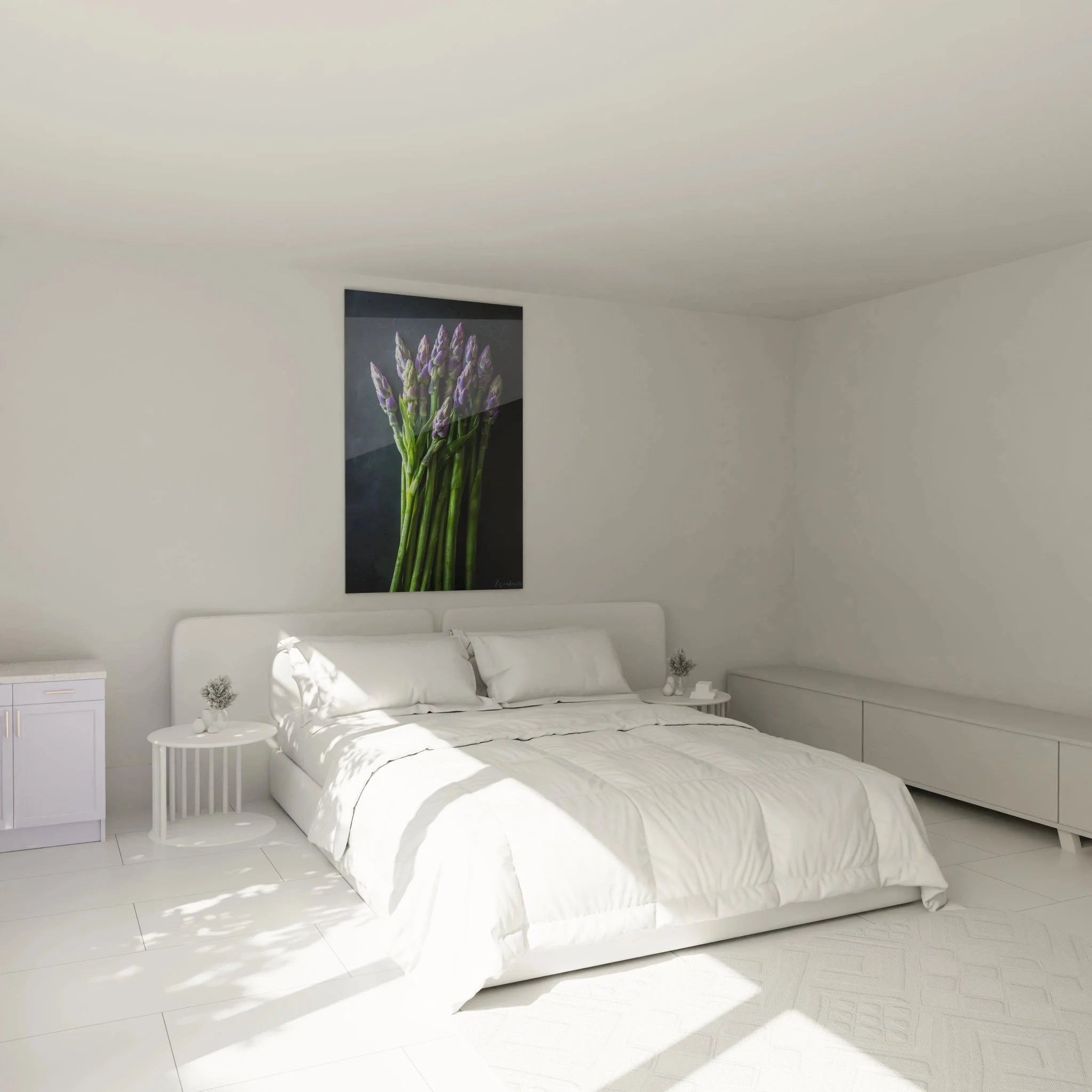 Wandbild Spargel in elegantem Schlafzimmer - Gemüse Kunstdruck als stilvolle Wanddekoration