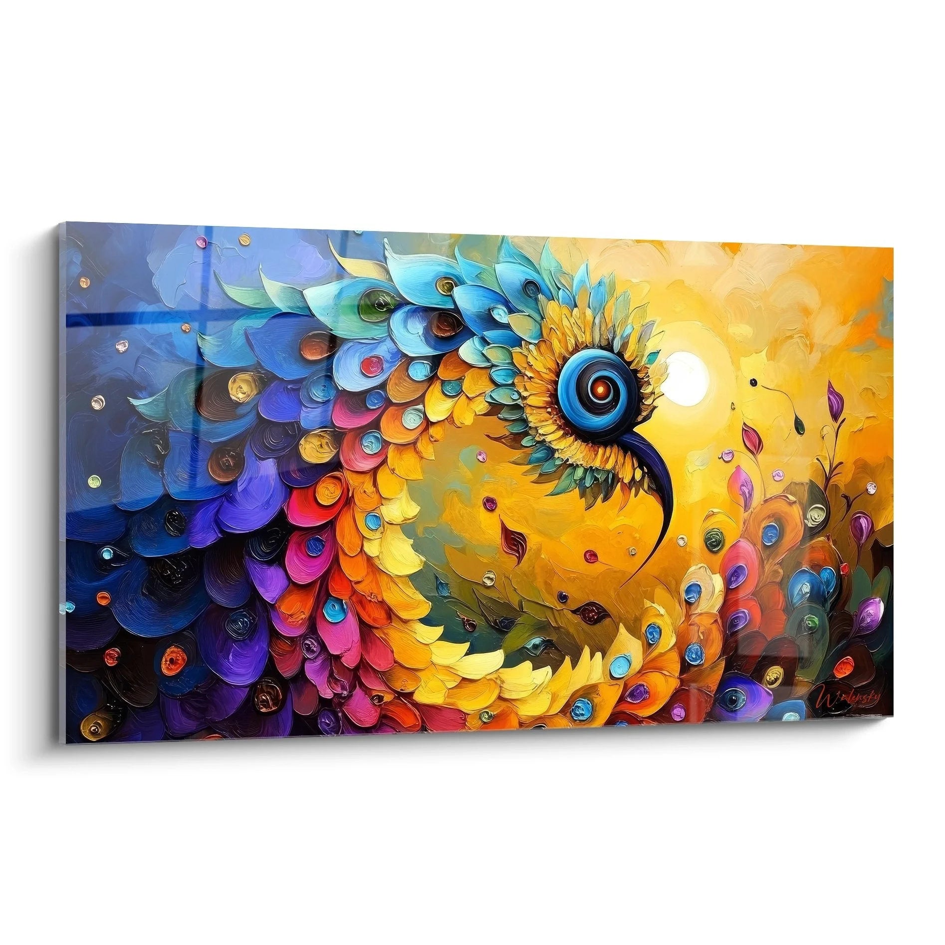 Wandbild mystische Spirale mit zentralem Auge in leuchtenden Blau Orange Gold Farbtönen abstrakte Kunst