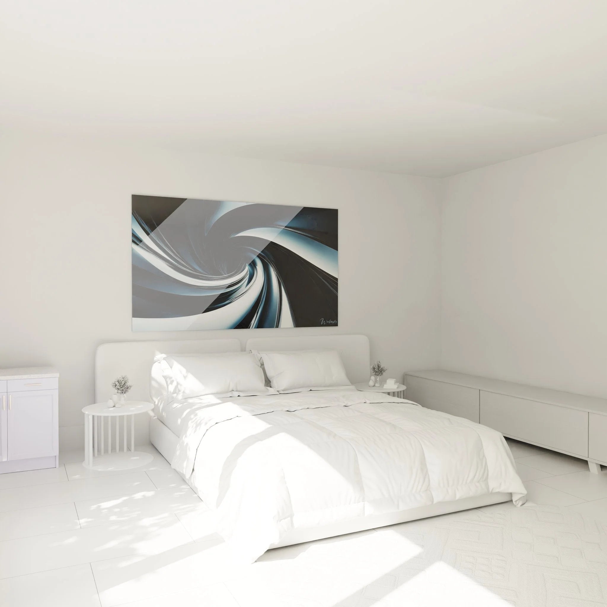 Wandbild metallische Spirale in modernem Schlafzimmer abstrakte Wanddekoration