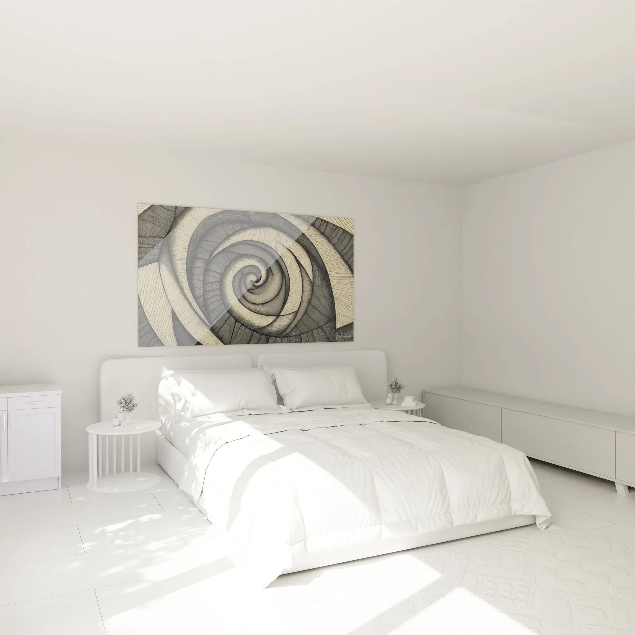 Wandbild Spirale XXL über Bett im modernen Schlafzimmer als stilvolle Wanddekoration