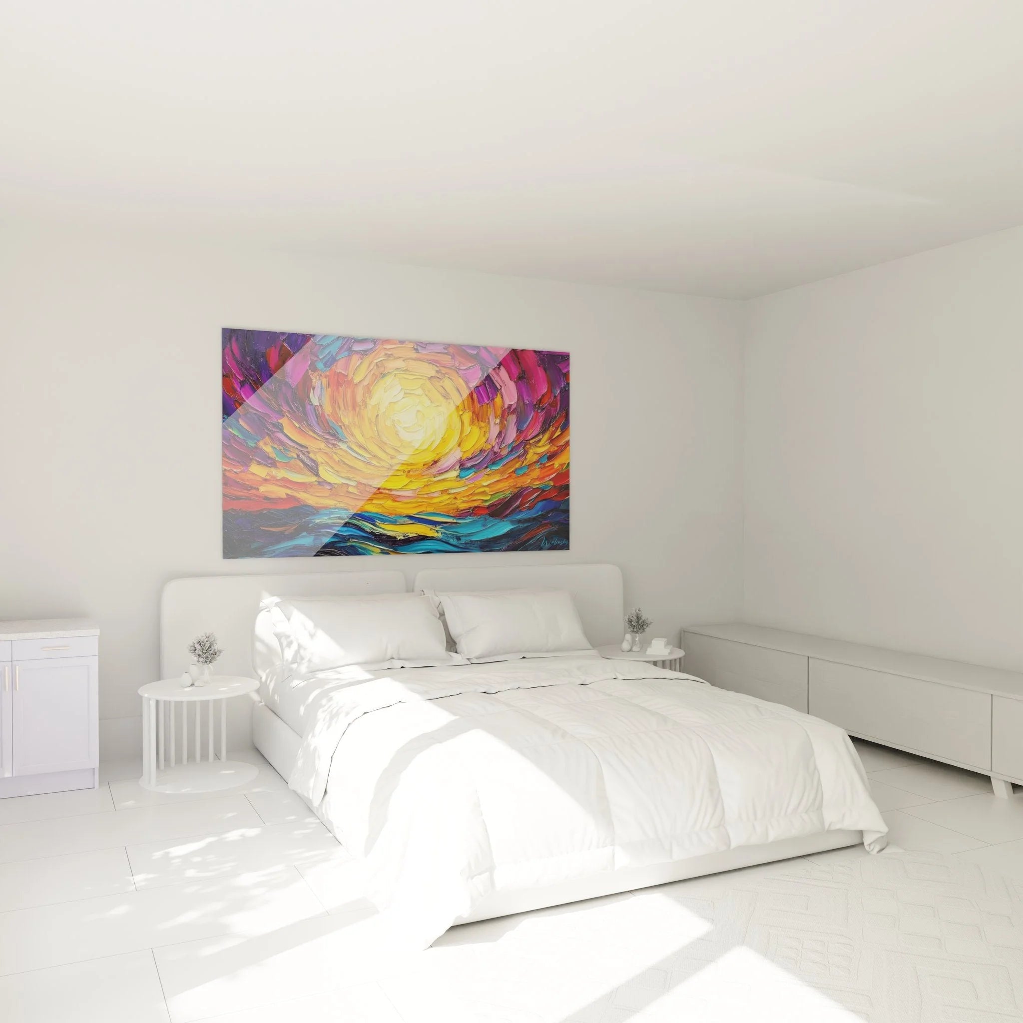 Wandbild Spiralstrudel im Schlafzimmer, moderne abstrakte Spiralen Wanddekoration über dem Bett