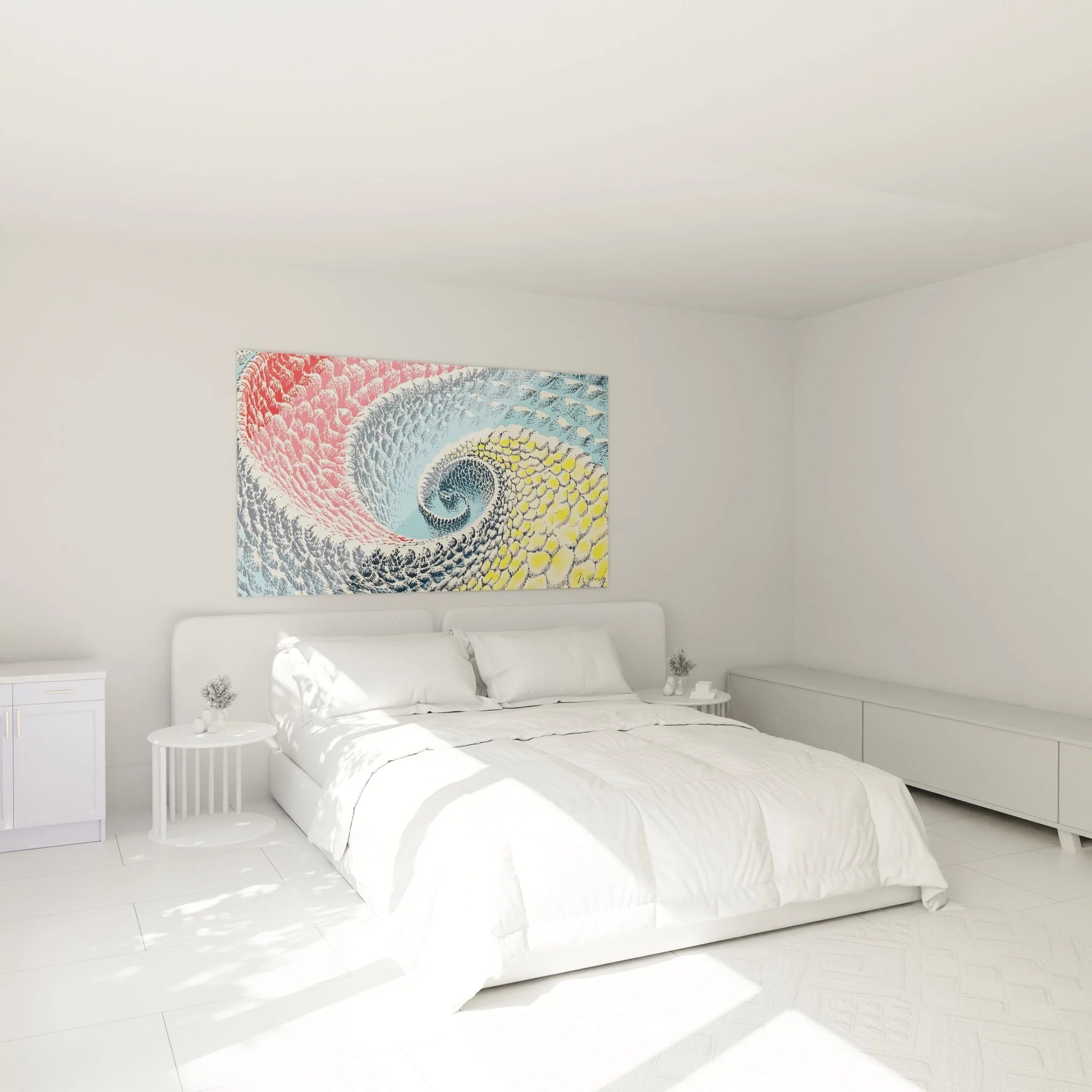 Wandbild Spiralwelle im Schlafzimmer - Abstrakte Wandkunst als beruhigende Raumdekoration