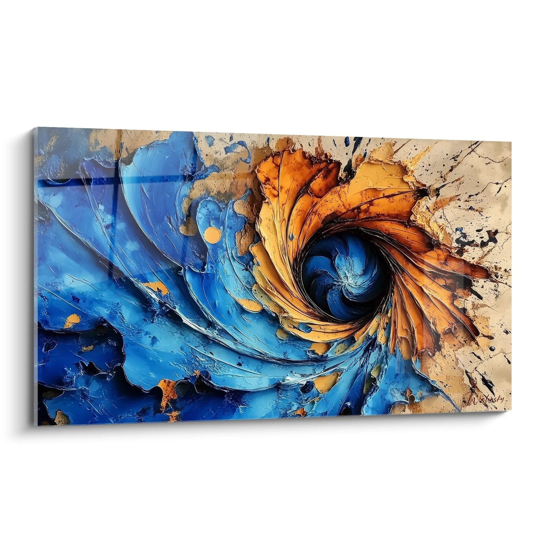 Wandbild Spiralwirbel in Blau-Orange, abstrakte Spirale mit dynamischer Rotation und Texturen