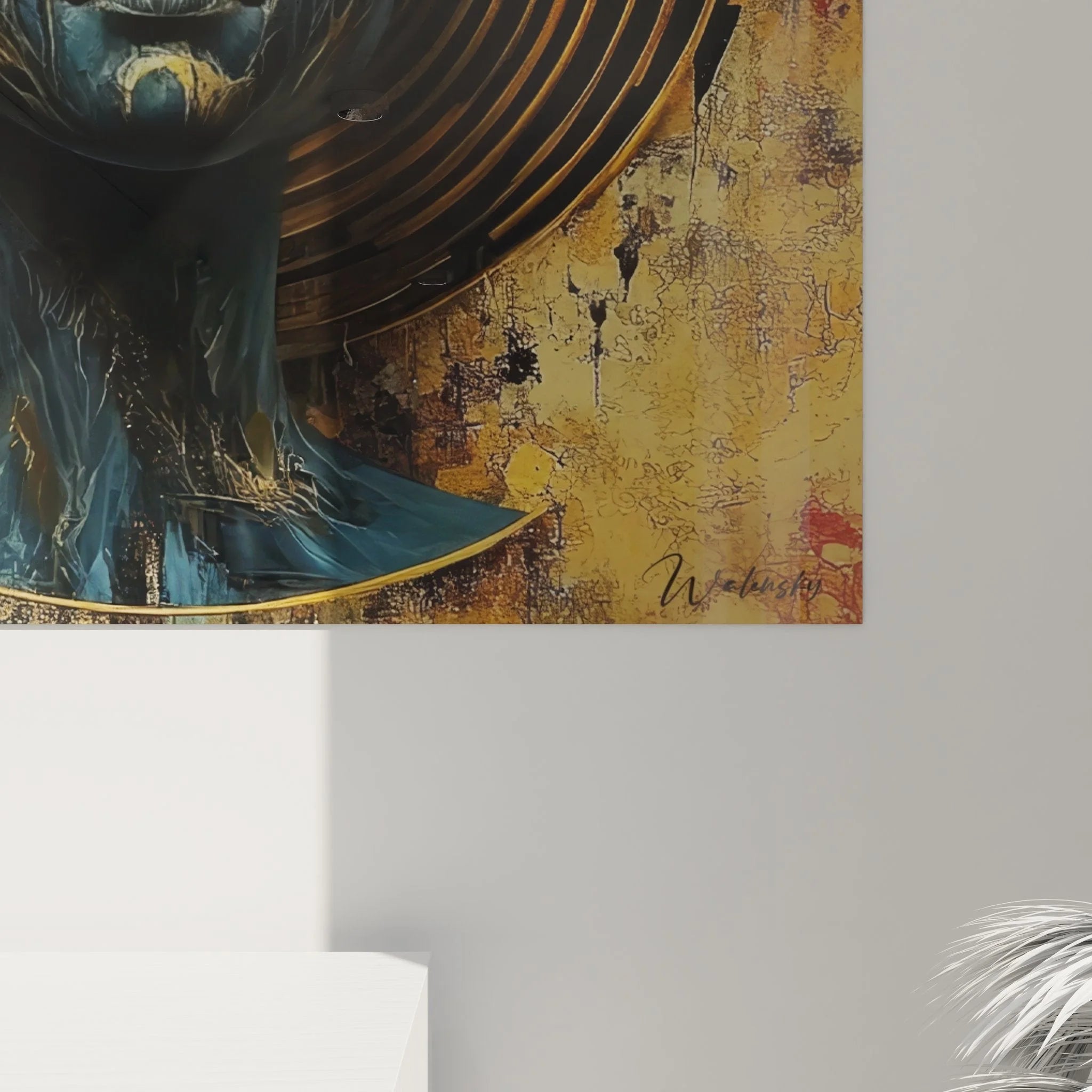 Gesamtansicht figuratives abstraktes Wandbild mit mystischem Gesicht auf vintage Hintergrund