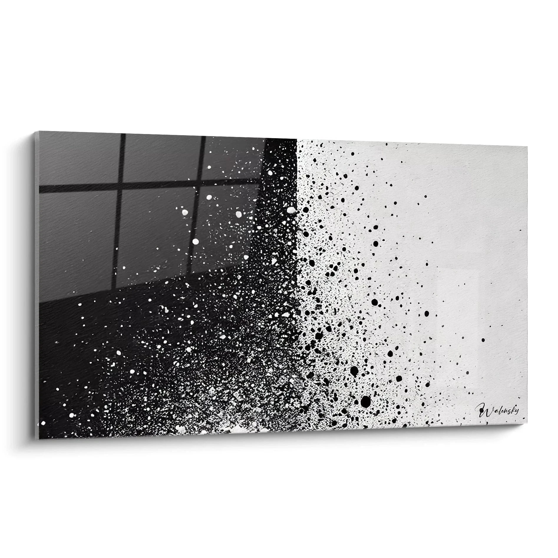 Wandbild Splatter Abstrakt Schwarz-Weiß mit explosivem Farbspritzer-Effekt und geometrischen Elementen