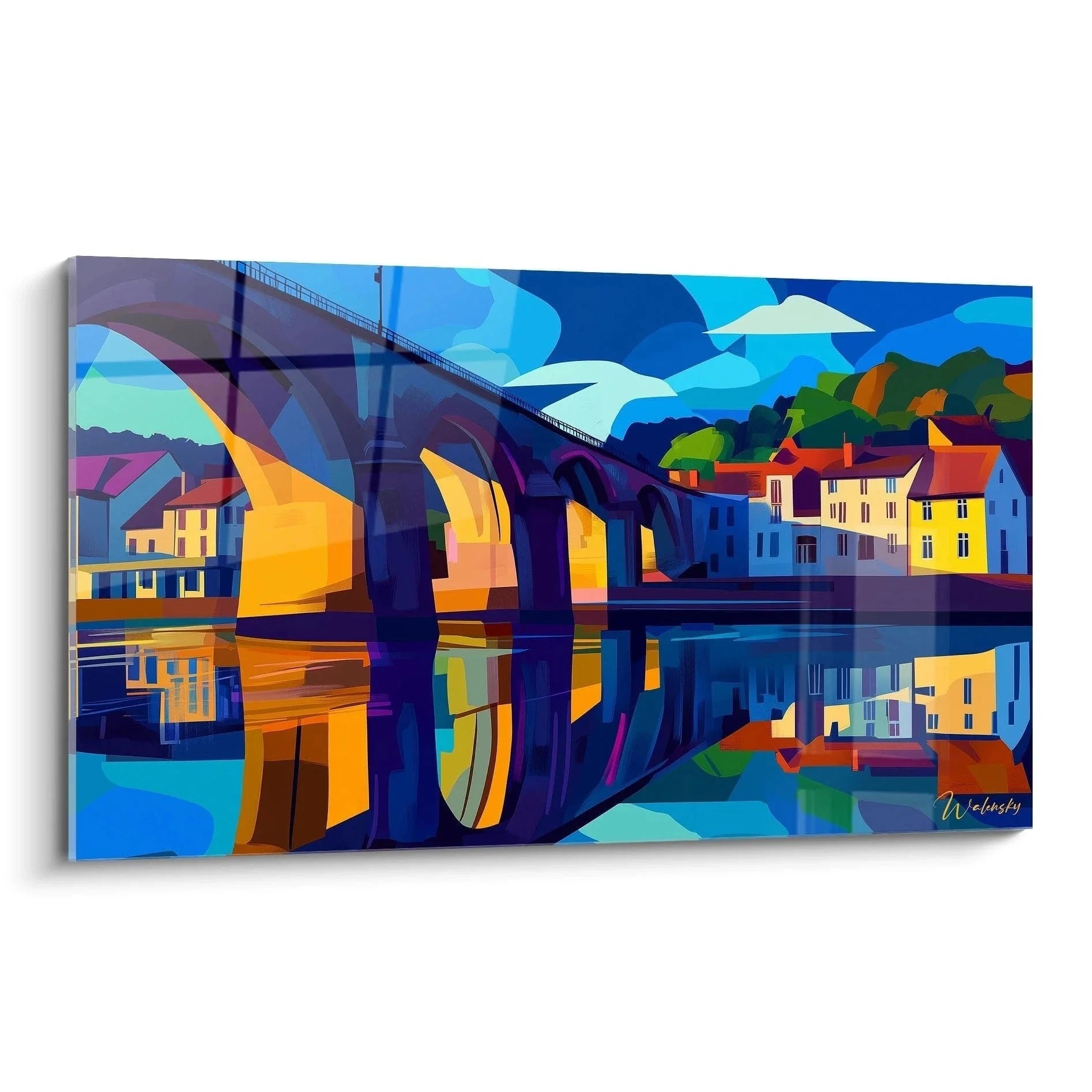Wandbild Stadtbrücke impressionistischer Stil Alfred Sisley Edition bunte Häuser Wasserspiegelung