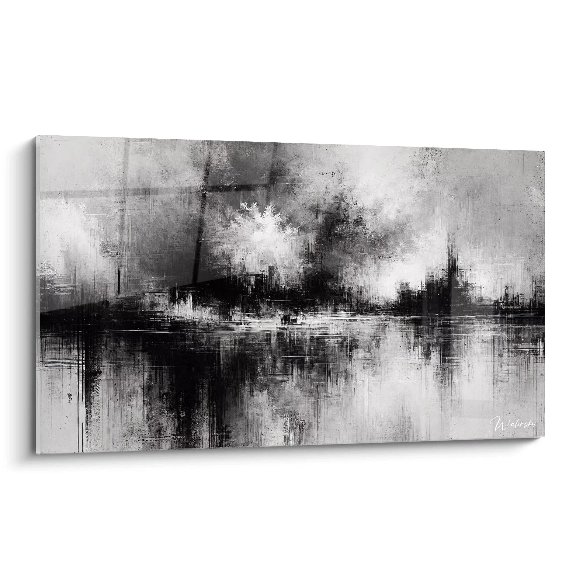 Abstraktes Wandbild Stadtlandschaft schwarz-weiß mit Industrieskyline und Spiegelung