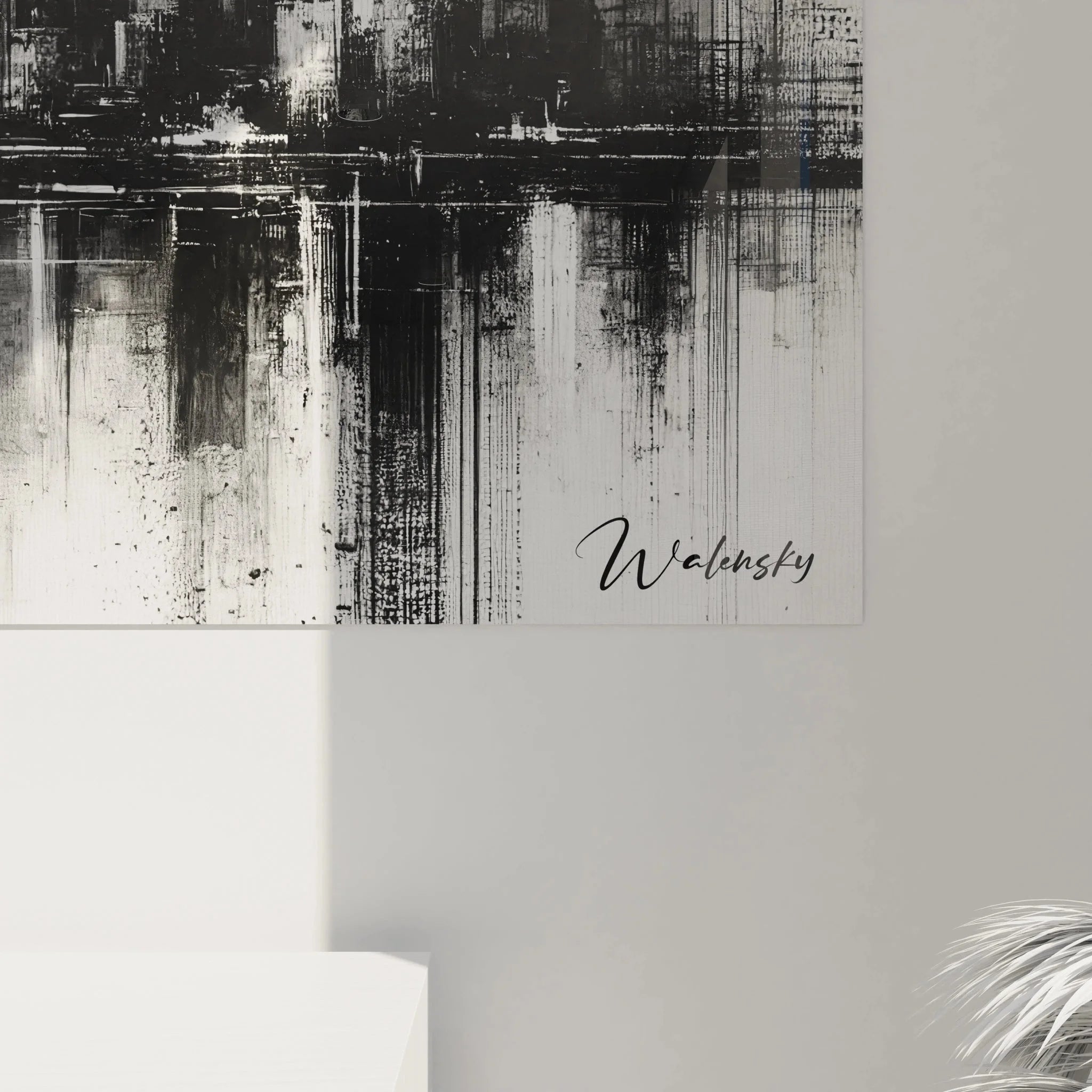 Gesamtansicht Wandbild Stadtlandschaft abstrakt schwarz-weiß Wohnraum Dekoration