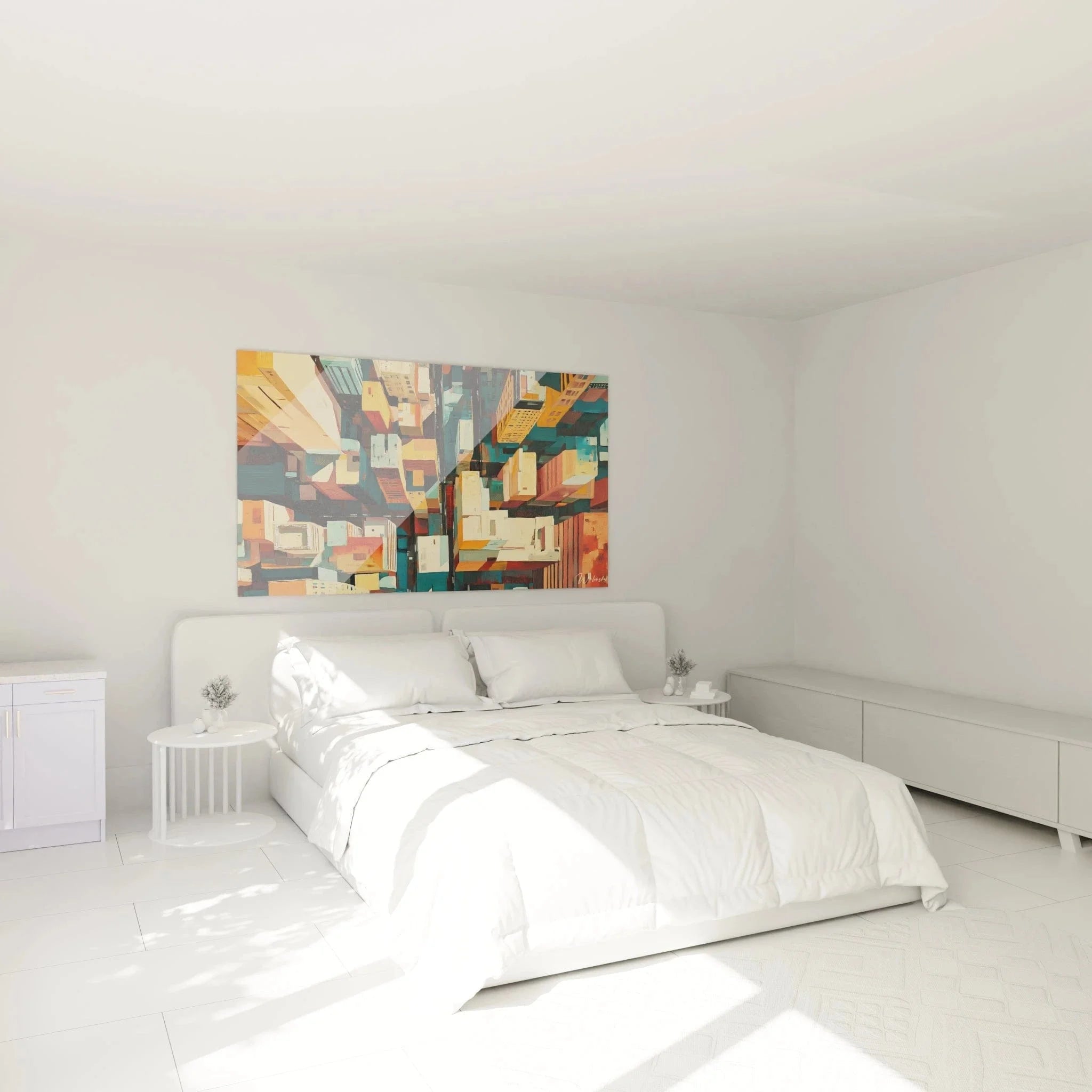 Wandbild Stadtlandschaft kubistisch als Schlafzimmer Dekoration mit warmen geometrischen Farbtönen