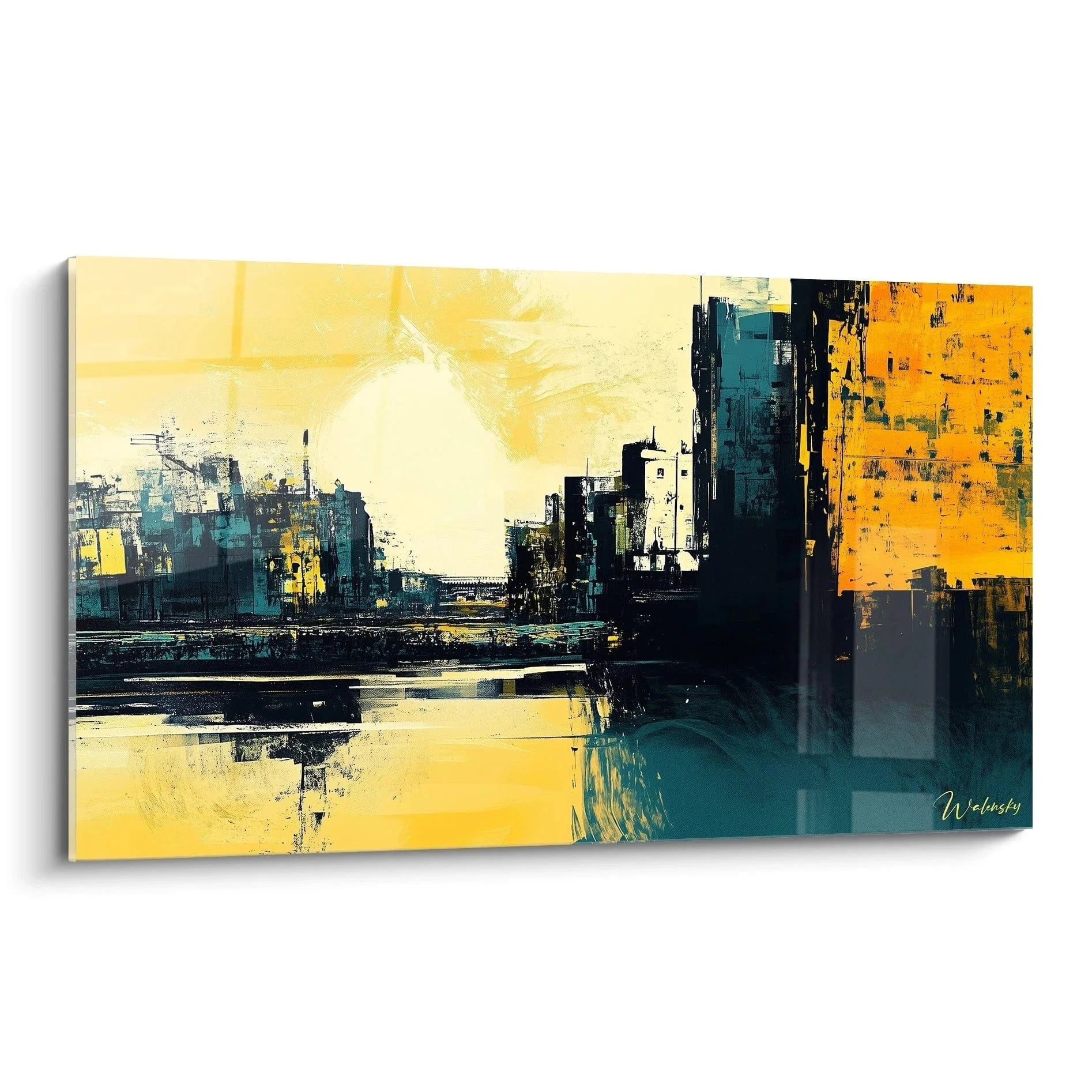 Wandbild Stadtlandschaft abstrakt mit gelben Himmel und Hochhäusern über Wasser - Johannes Vermeer Edition