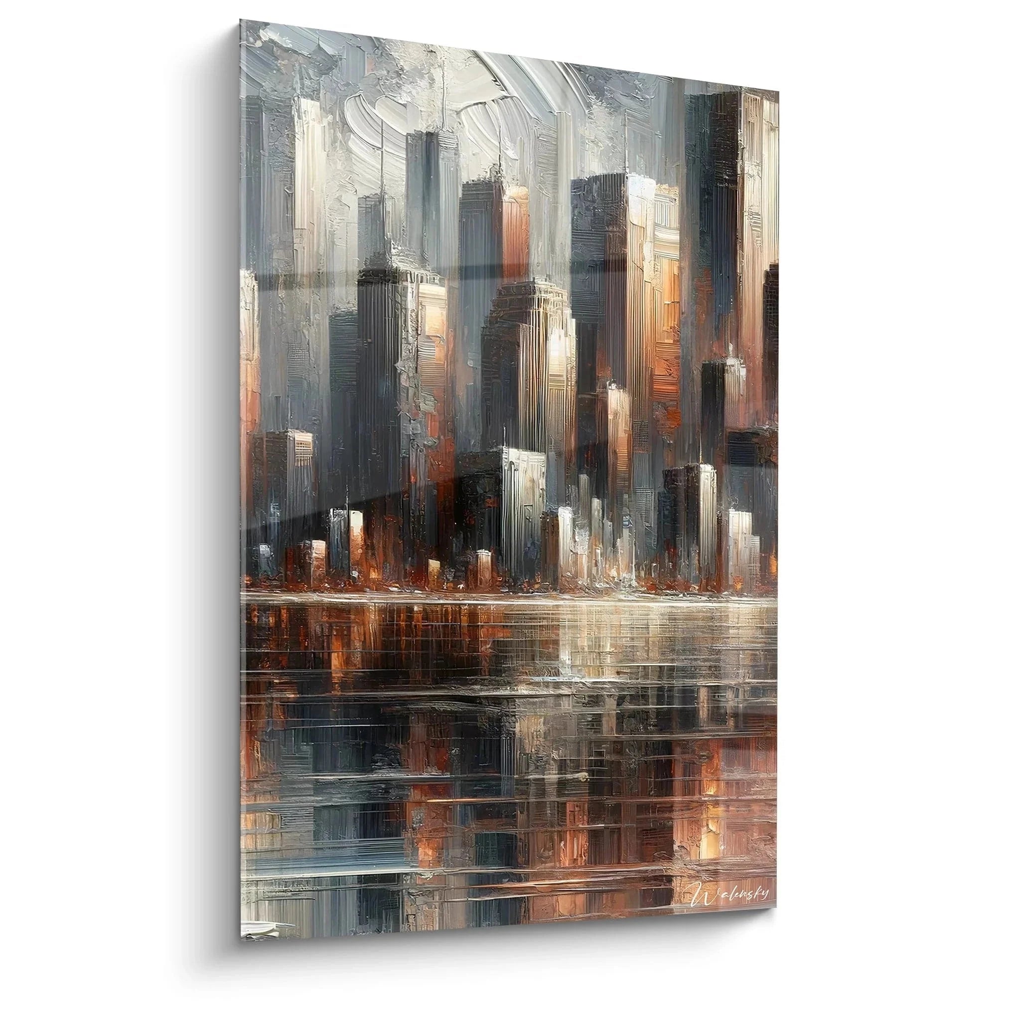 Kubistisches Wandbild Stadtpanorama mit Wolkenkratzern und Wasserreflexionen in Grau-Braun-Tönen