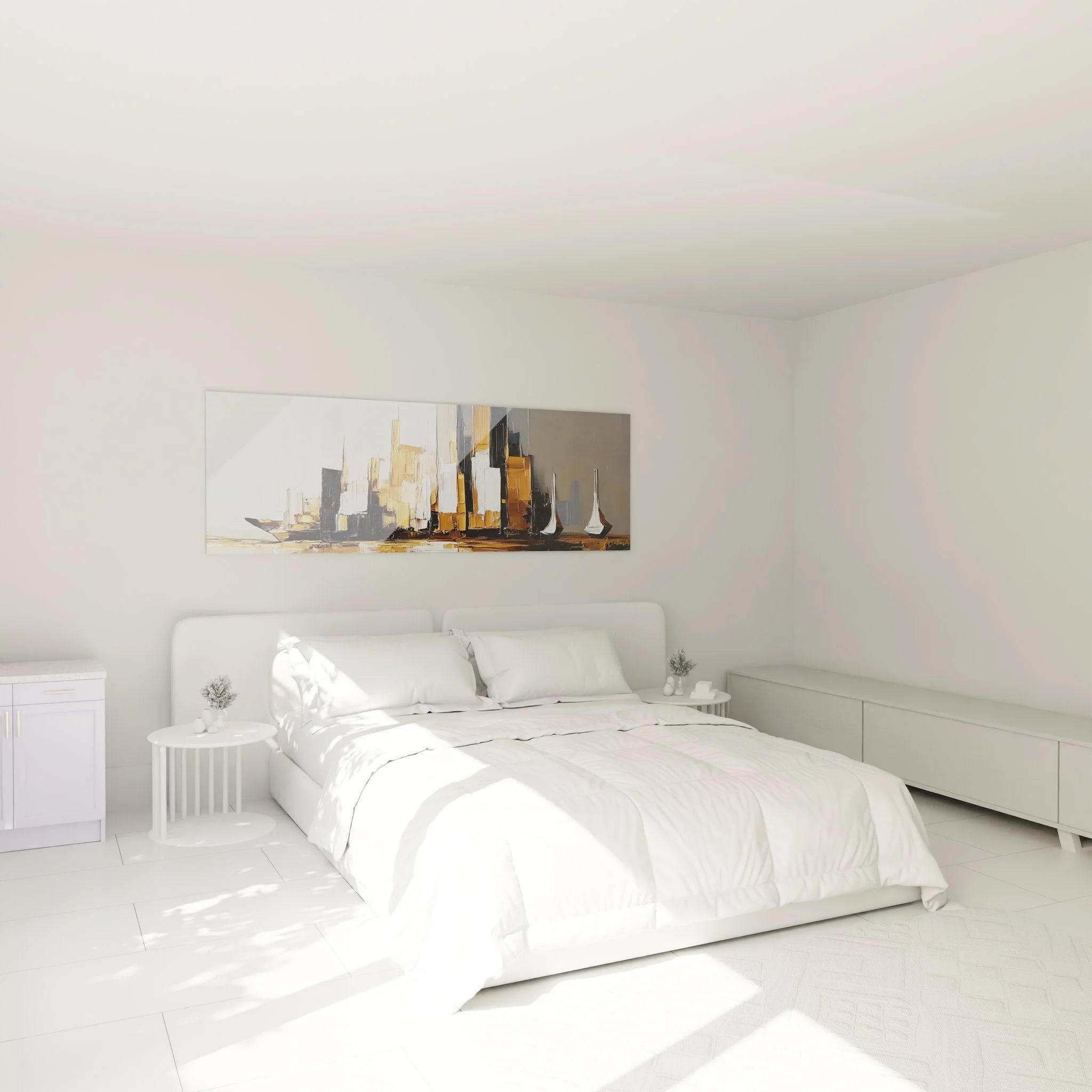 Wandbild XXL Stadtsilhouette in Schlafzimmer Ambiente mit moderner Einrichtung