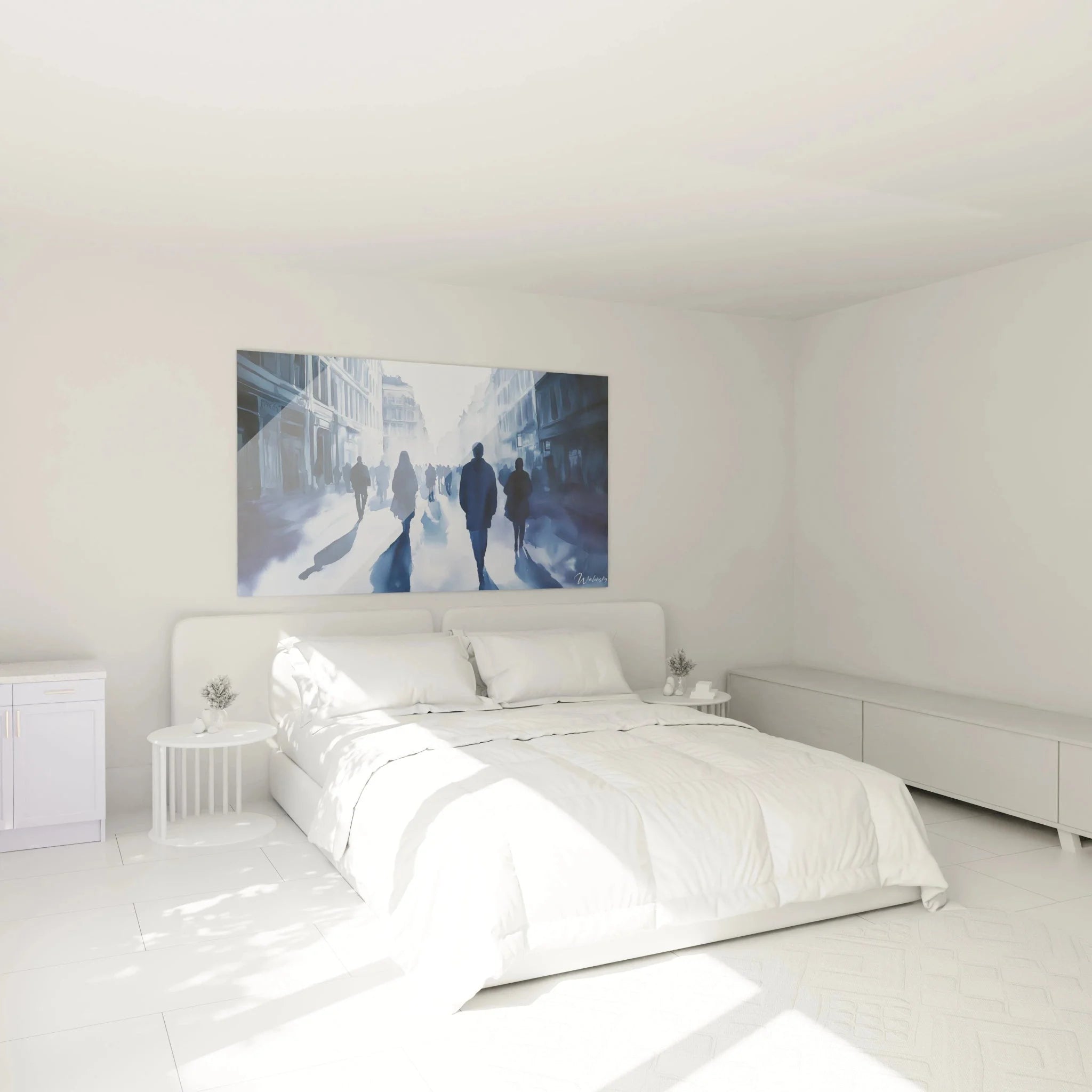 Wandbild Stadtszene in Schlafzimmer-Ambiente - blaue Schatten Komposition im Munch-Stil