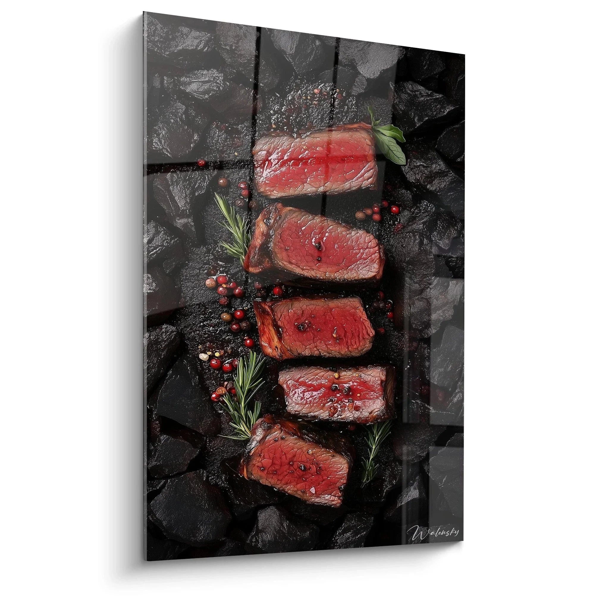 Wandbild gegrilltes Steak auf Schiefer mit Rosmarin - Premium Küchendeko XXL