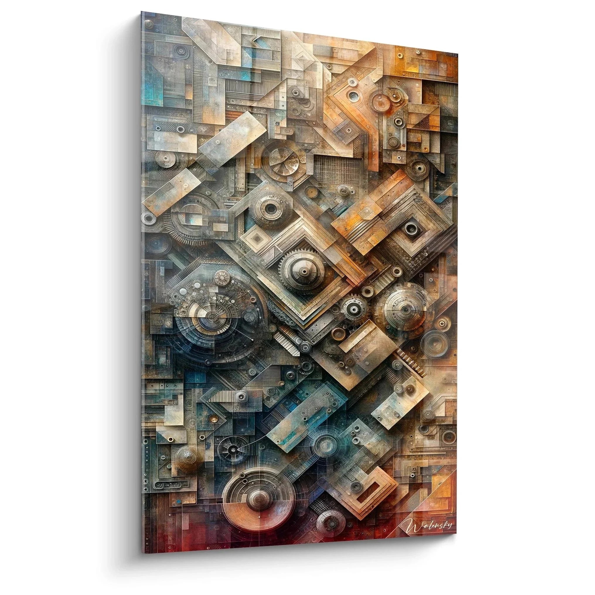 Wandbild industrielle Steampunk Mechanik mit Zahnrädern und geometrischen Elementen in Kupfer und Bronze